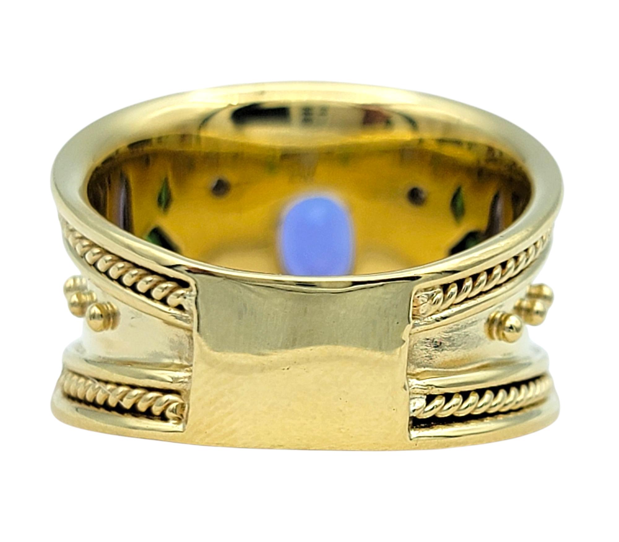 Tanzanite, Tsavorite and Diamond Etruscan Style Band Ring 14 Karat Yellow Gold In Good Condition For Sale In Scottsdale, AZ