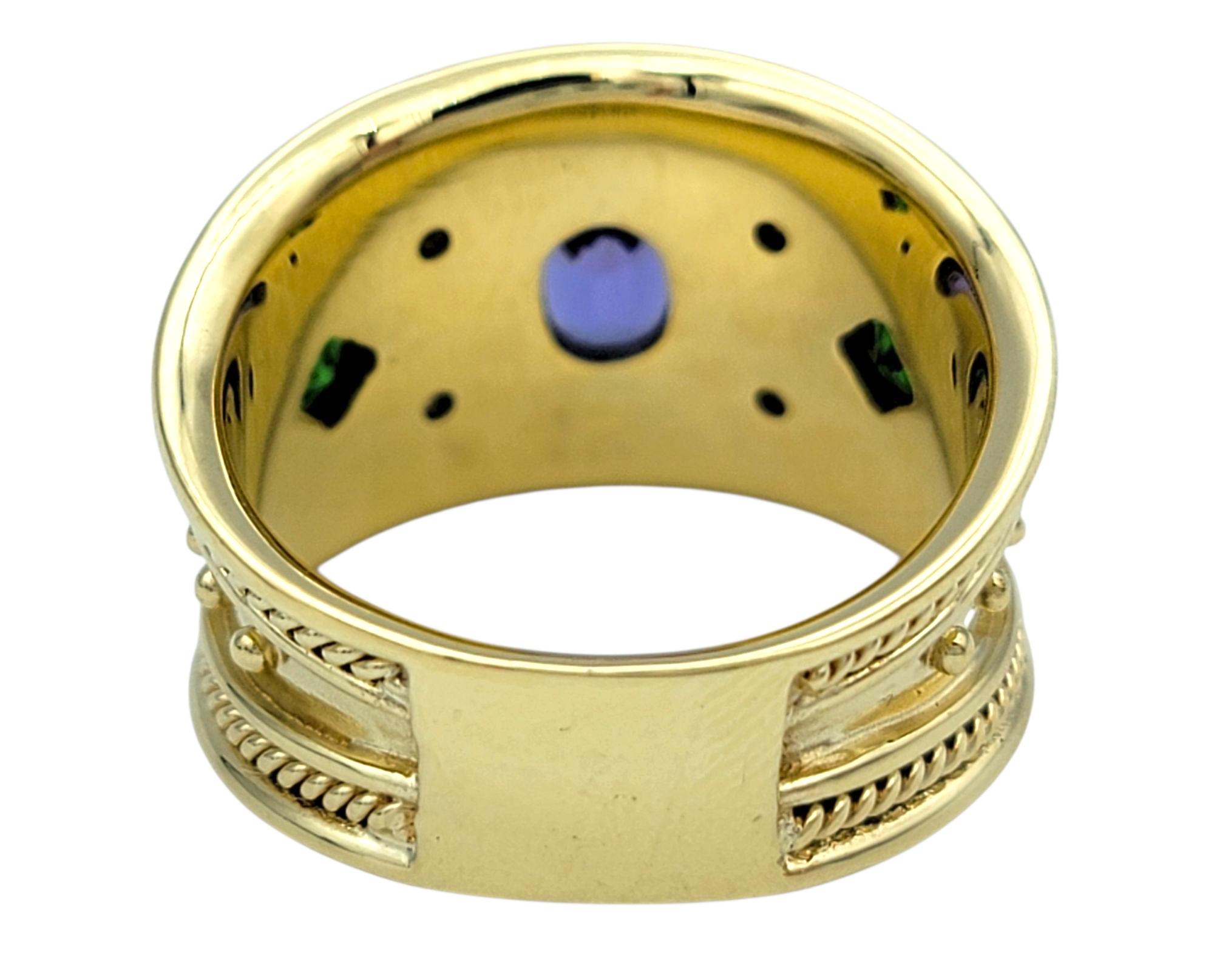 Women's or Men's Tanzanite, Tsavorite and Diamond Etruscan Style Band Ring 14 Karat Yellow Gold For Sale