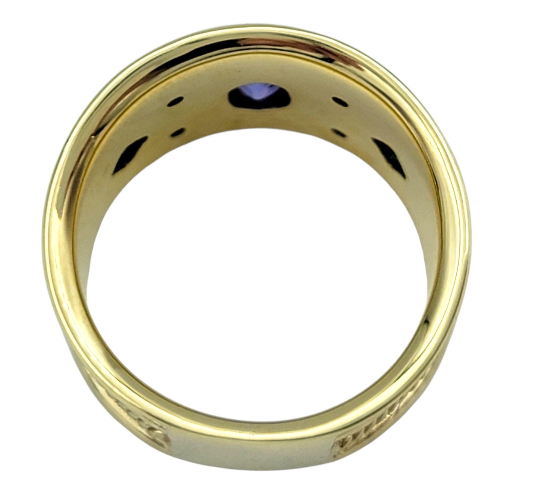 Tanzanite, Tsavorite and Diamond Etruscan Style Band Ring 14 Karat Yellow Gold For Sale 1