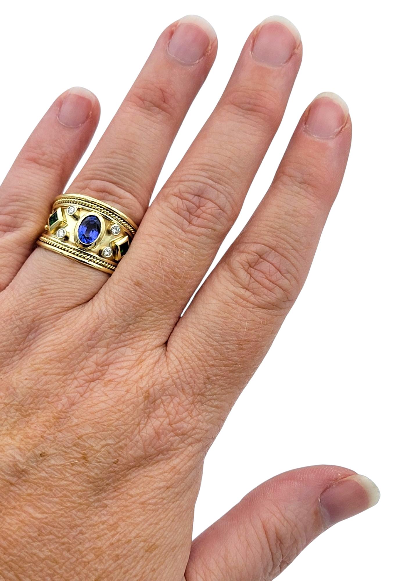 Tanzanite, Tsavorite and Diamond Etruscan Style Band Ring 14 Karat Yellow Gold For Sale 3