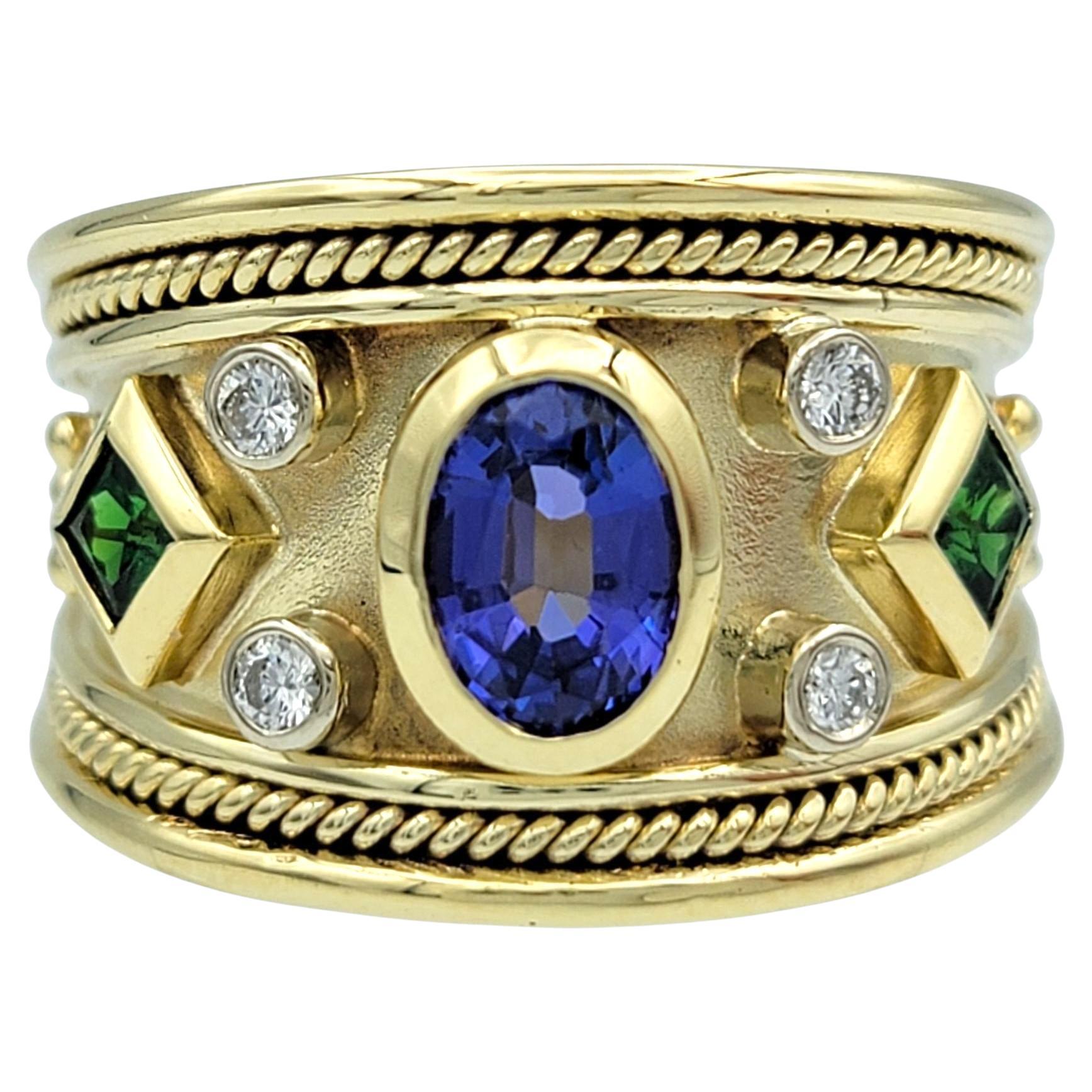 Tanzanite, Tsavorite and Diamond Etruscan Style Band Ring 14 Karat Yellow Gold For Sale