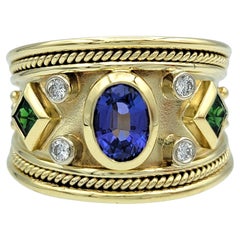 Tanzanite, Tsavorite and Diamond Etruscan Style Band Ring 14 Karat Yellow Gold
