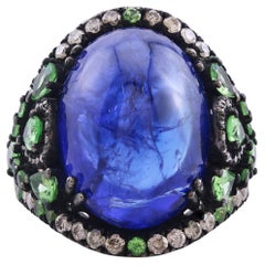 Tanzanite, Tsavorite and Diamond Victorian Split Shank Dome Ring in 18k/925 Gold