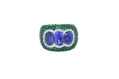 Tanzanite Tsavorite Diamond Pave Sapphire Cocktail Dome 18 Karat White Gold Ring