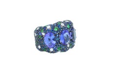 Tanzanite Tsavorite Diamond Pave Sapphire Cocktail Dome 18 Karat White Gold Ring