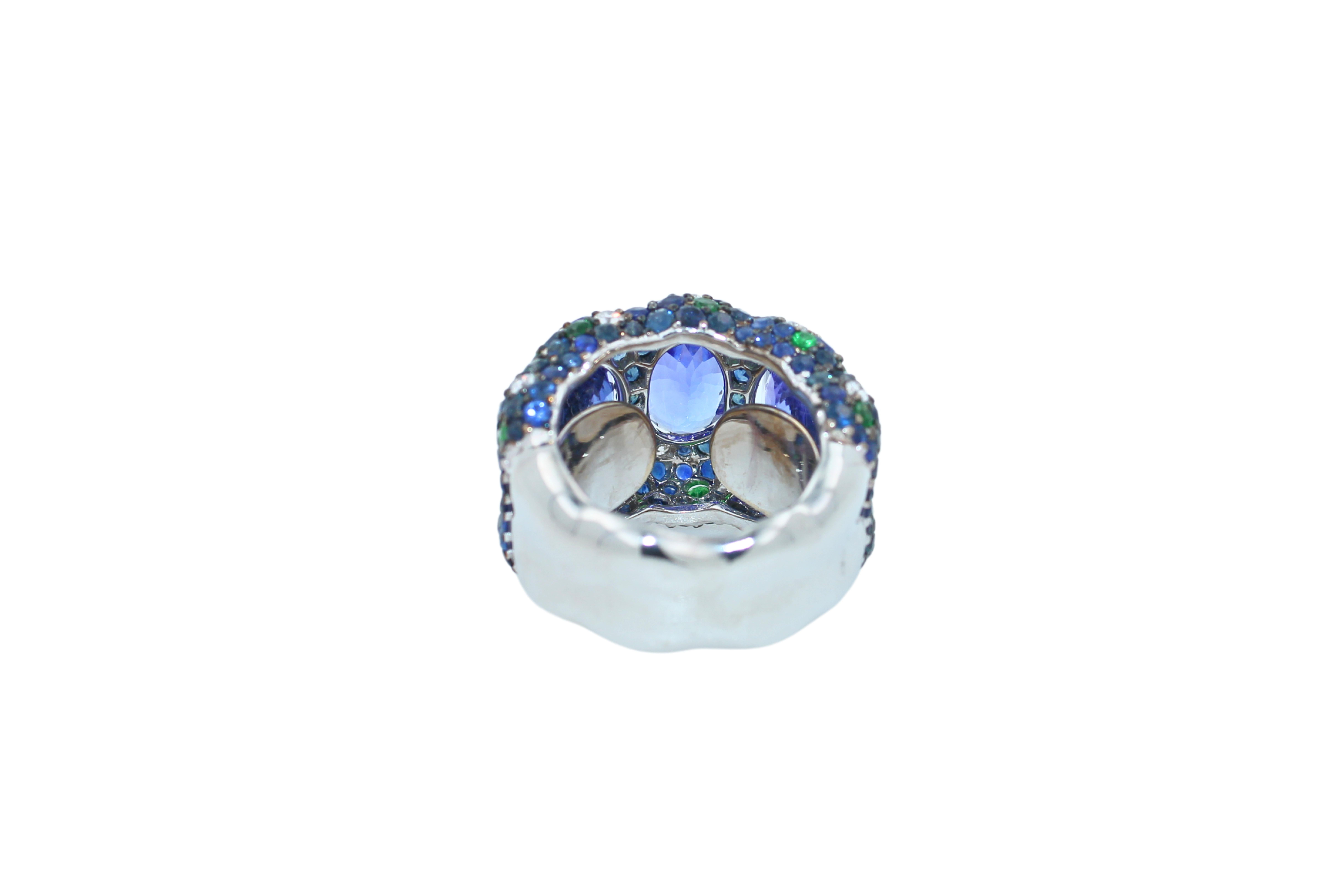 Tanzanite Tsavorite Diamond Pave Sapphire Cocktail Dome 18 Karat White Gold Ring In New Condition For Sale In Oakton, VA
