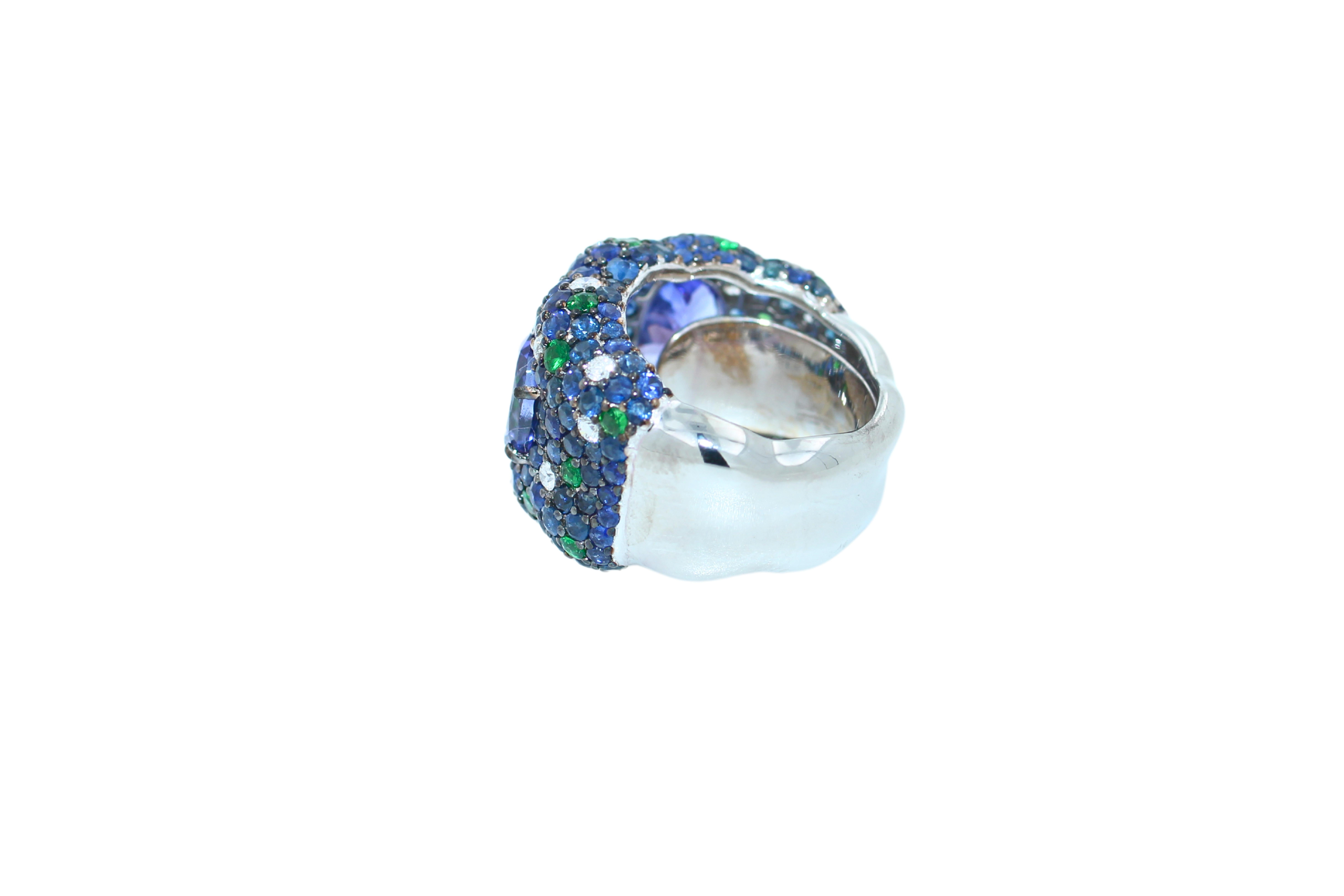 Women's or Men's Tanzanite Tsavorite Diamond Pave Sapphire Cocktail Dome 18 Karat White Gold Ring For Sale