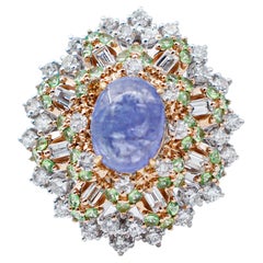 Vintage Tanzanite, Tsavorites, Diamonds, 18 Karat White and Yellow Gold Ring