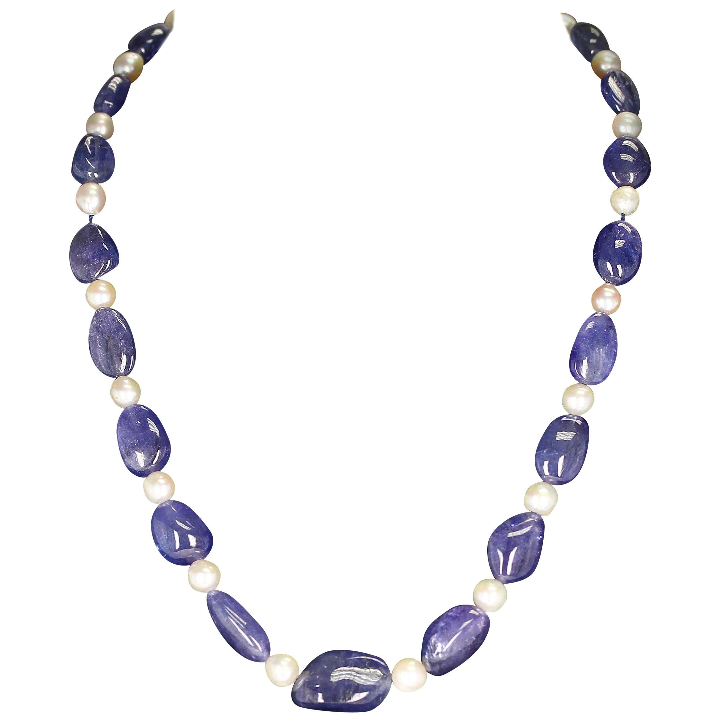 Tanzanite Tumbled Beads and Pearl Necklace, 14 Karat Yellow Gold Clasp