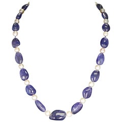 Tanzanite Tumbled Beads and Pearl Necklace, 14 Karat Yellow Gold Clasp