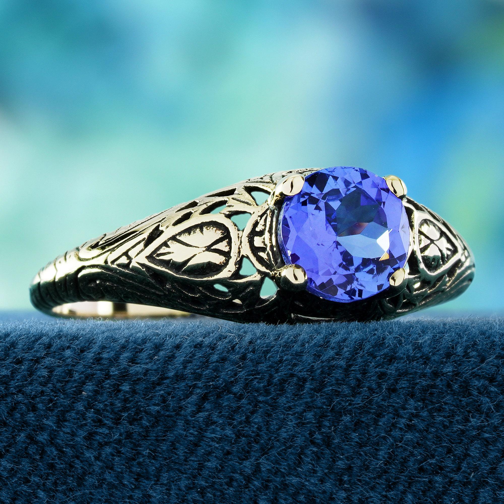 Tansanit Vintage Style filigranen Ring in massivem 9K Gelbgold (Edwardian) im Angebot