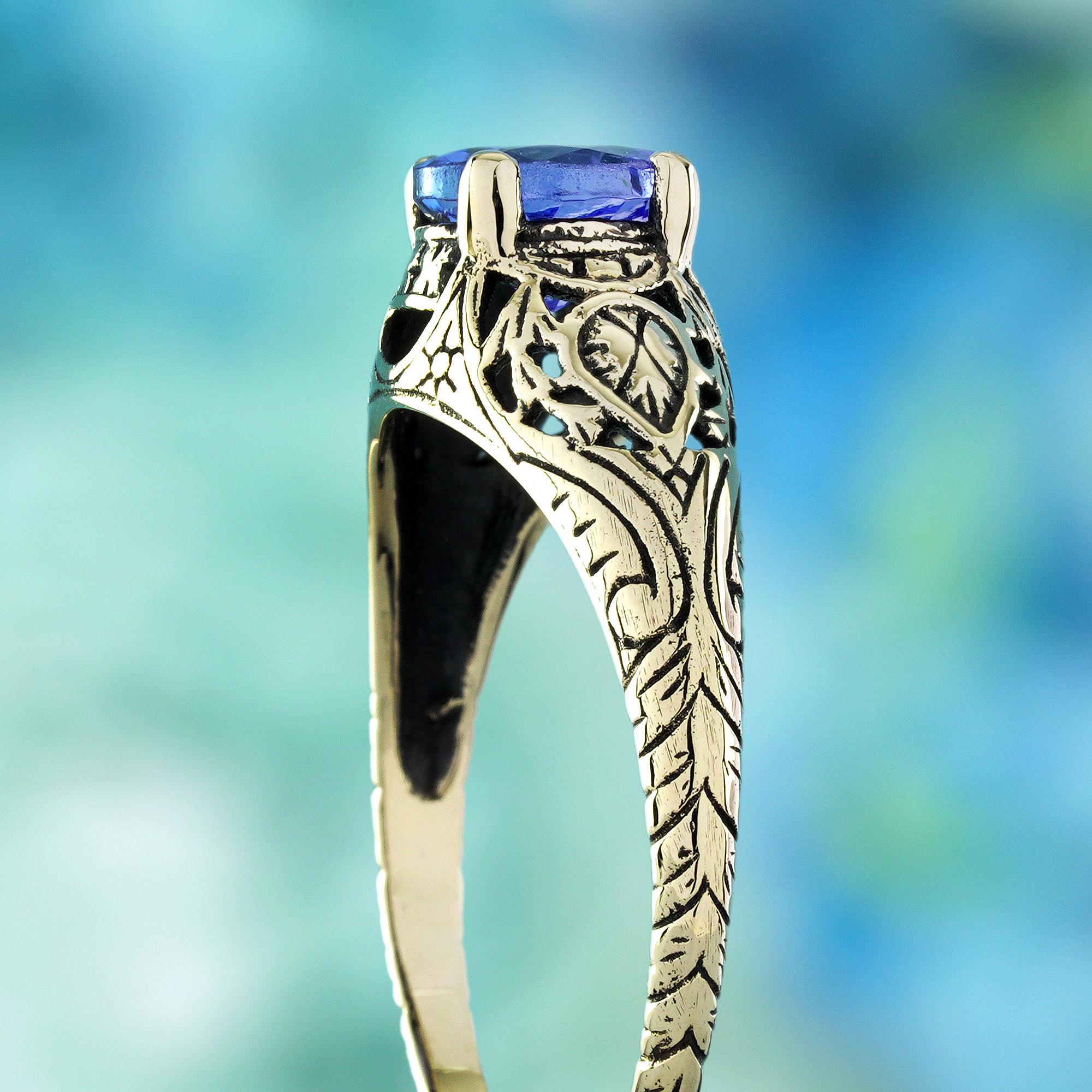 Tansanit Vintage Style filigranen Ring in massivem 9K Gelbgold Damen im Angebot