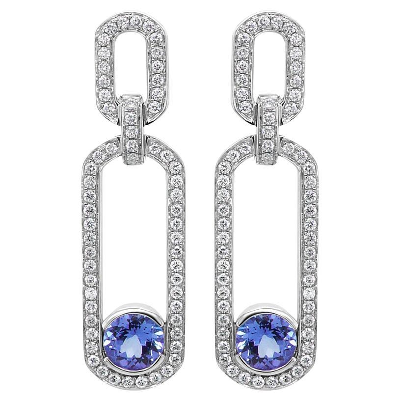 Tanzanite & White Diamond 18K White Gold Drop Style Earrings For Sale