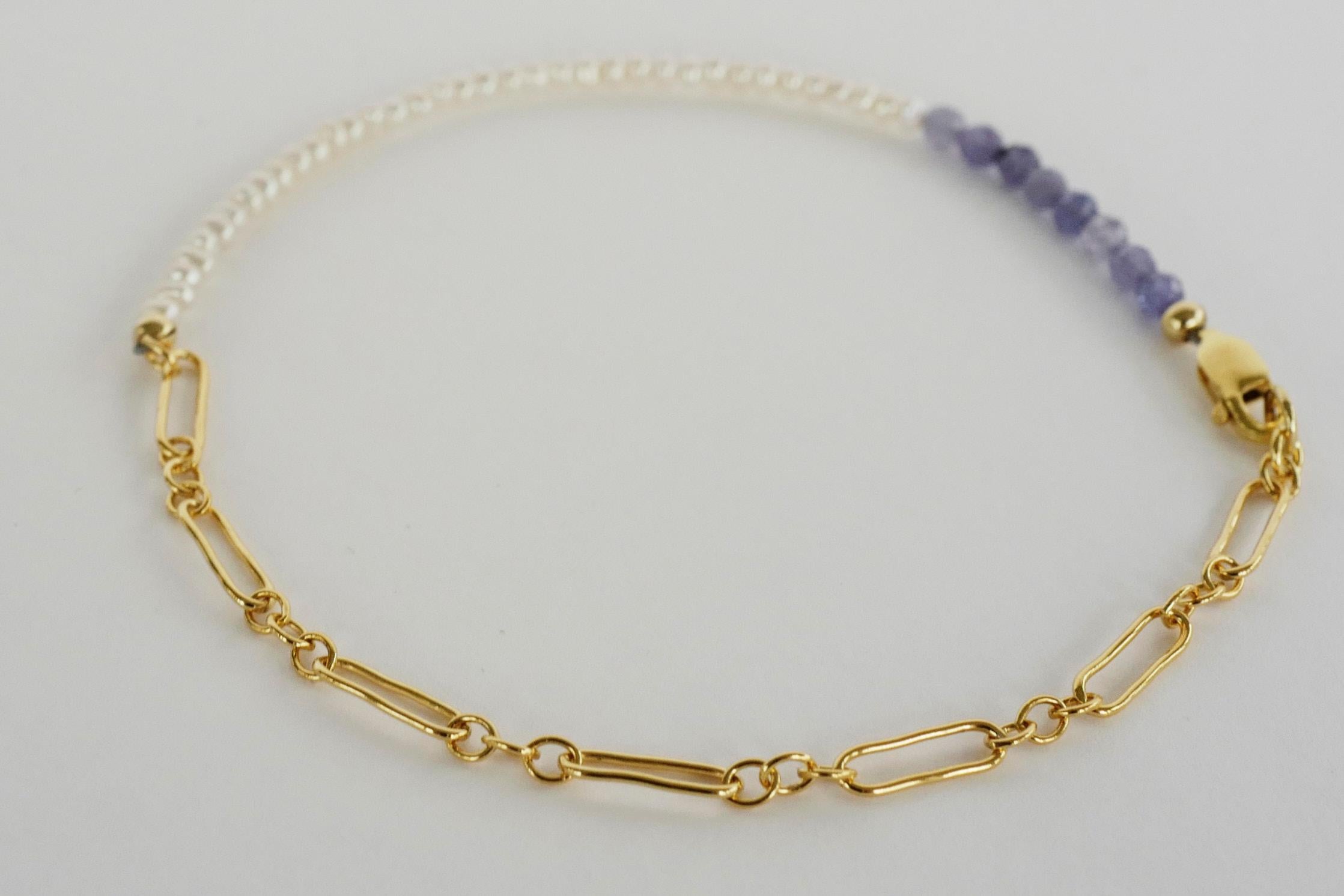 Round Cut Tanzanite White Pearl Gold Filled Chain Beaded Ankle Bracelet J Dauphin For Sale
