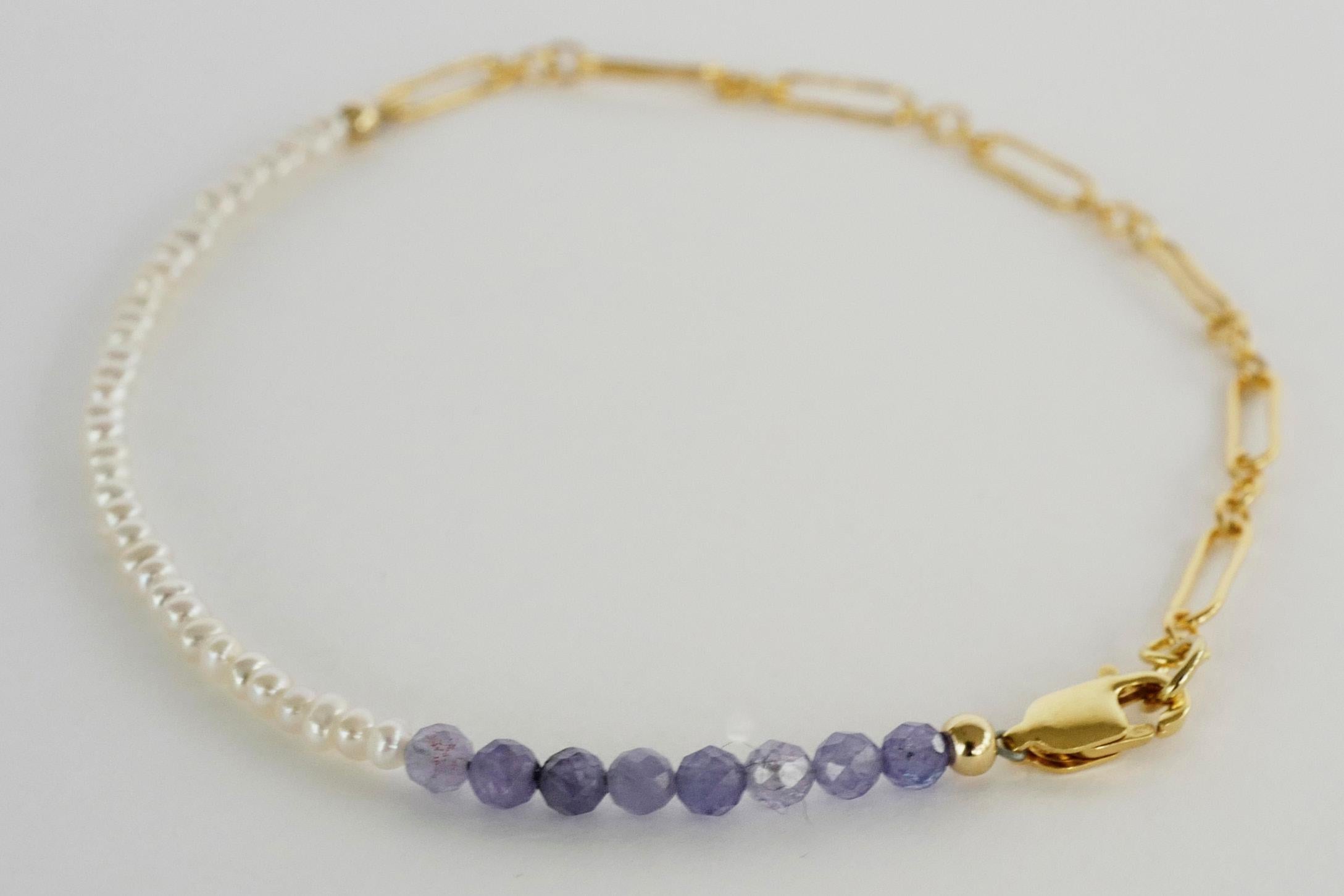Tanzanite White Pearl Gold Filled Chain Beaded Ankle Bracelet J Dauphin In New Condition For Sale In Los Angeles, CA