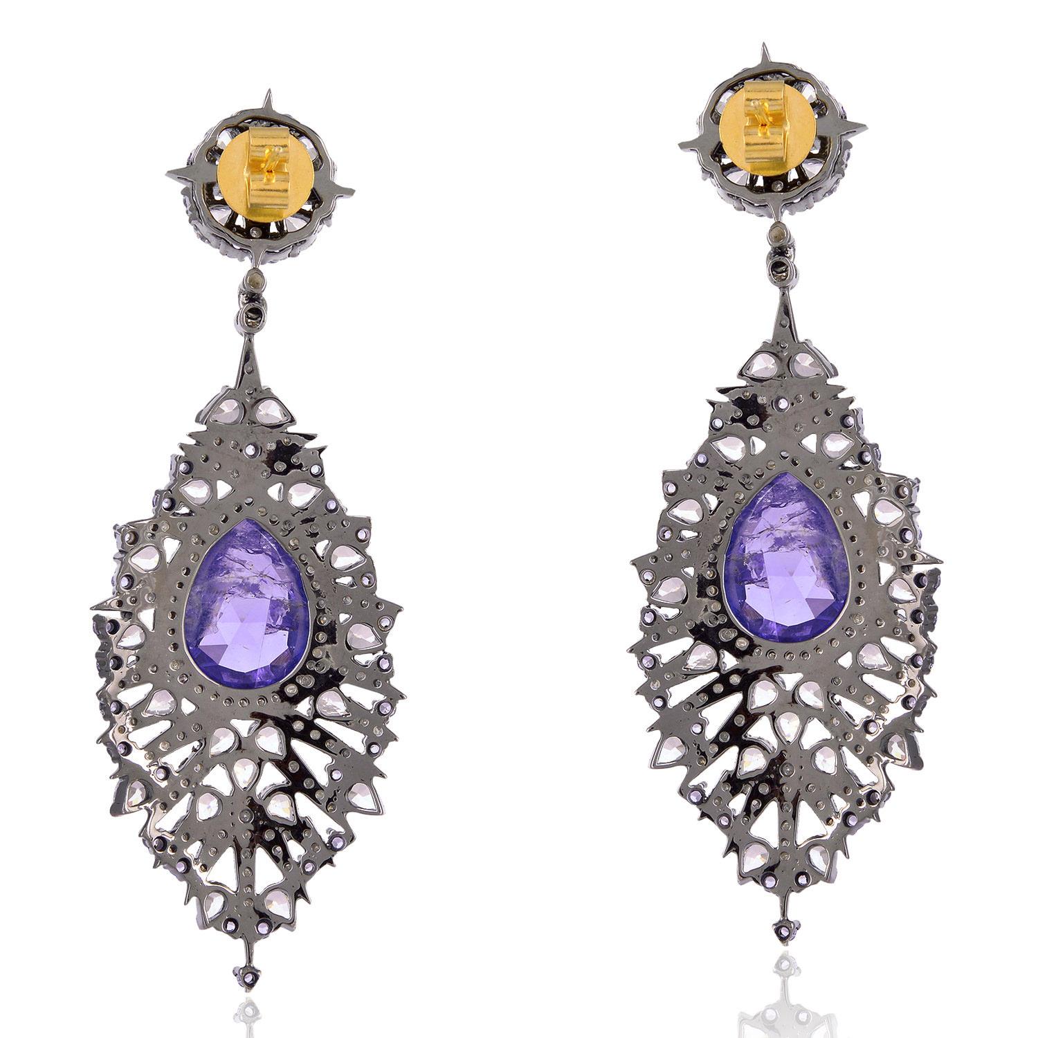 Mixed Cut Tanzanite & White Sapphire Dangle Earring With Diamonds In 18k Gold For Sale