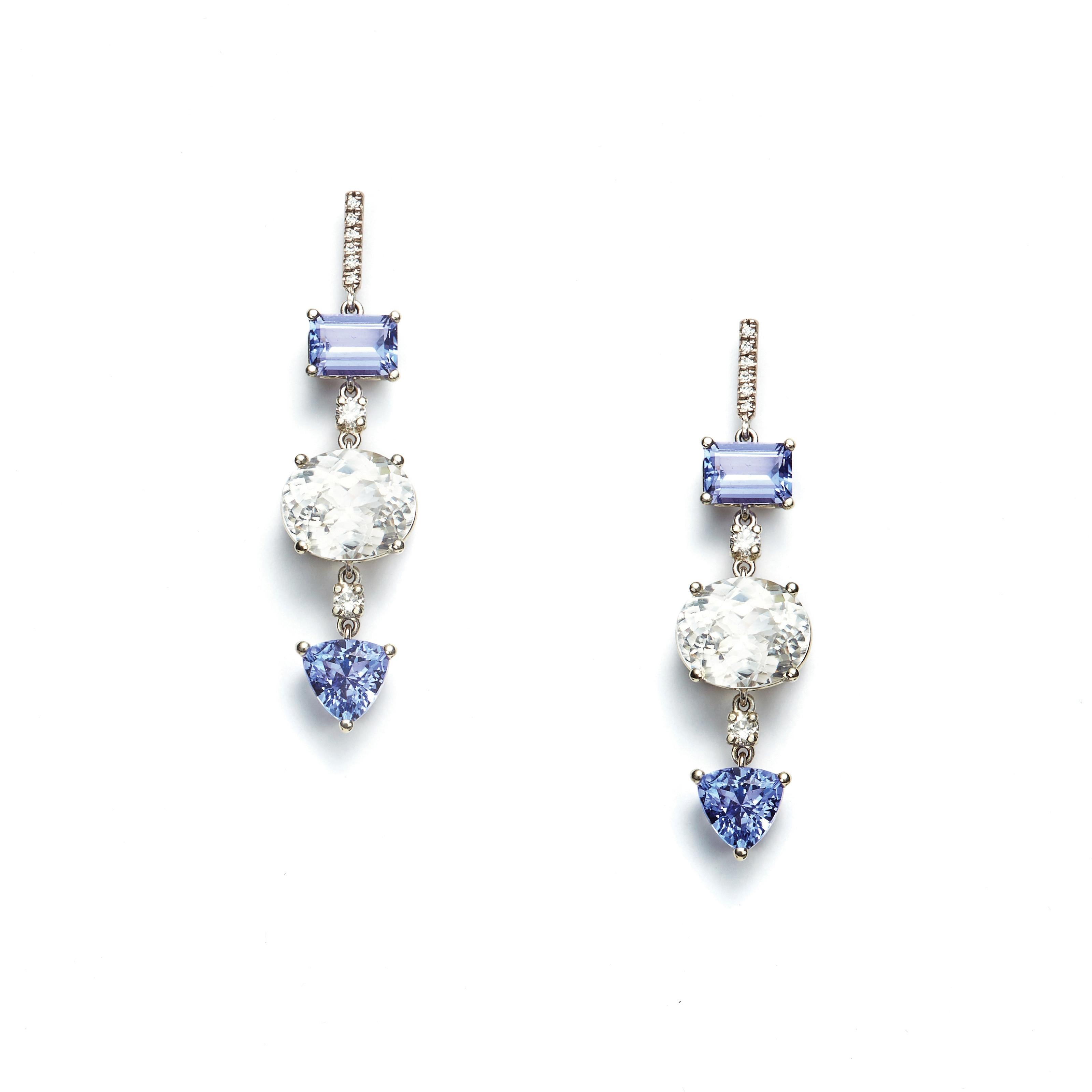 18kt white gold tanzanite white zircon and diamond dangle earrings