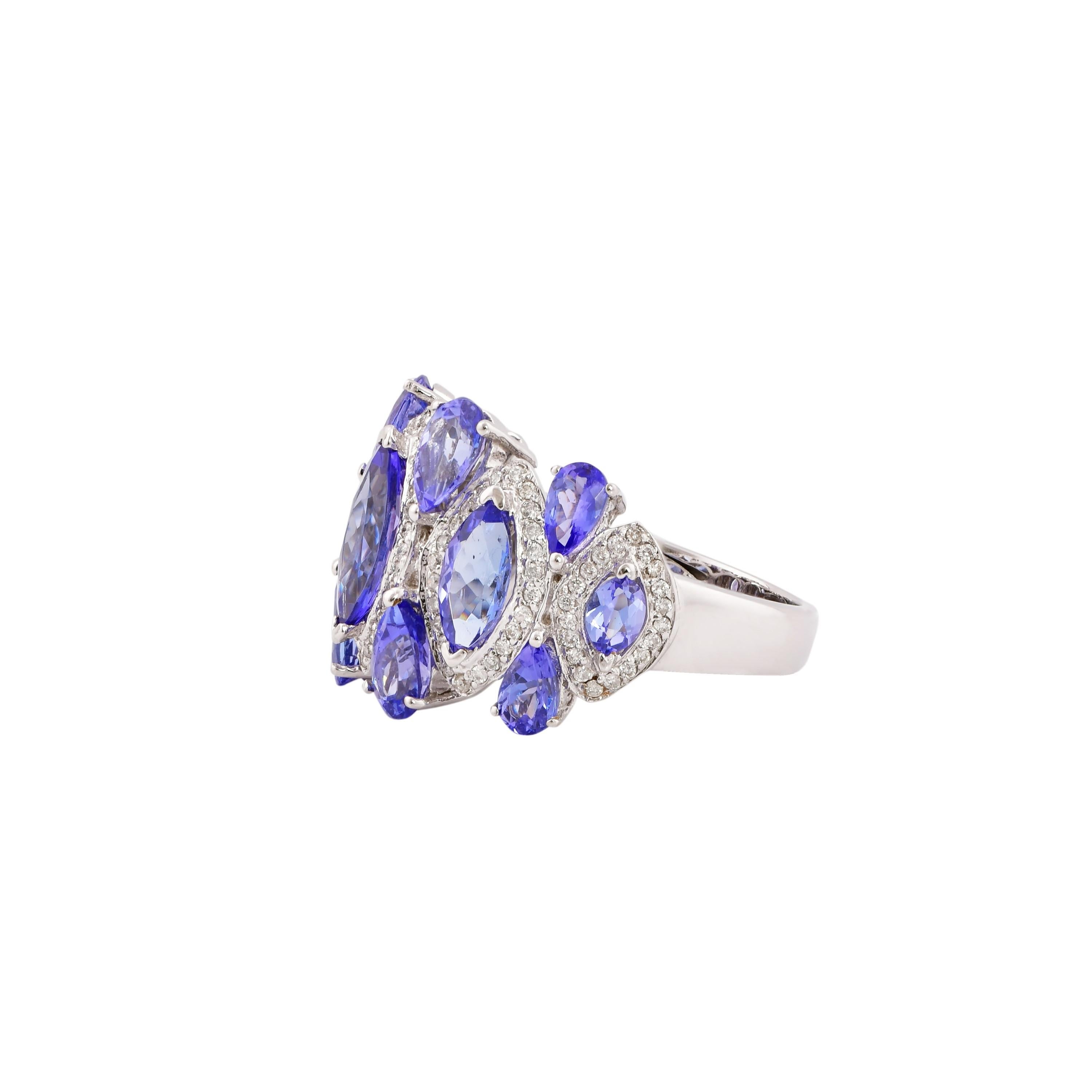 Contemporary Tanzanite with Diamond Cocktail Ring in 14 Karat White Gold For Sale