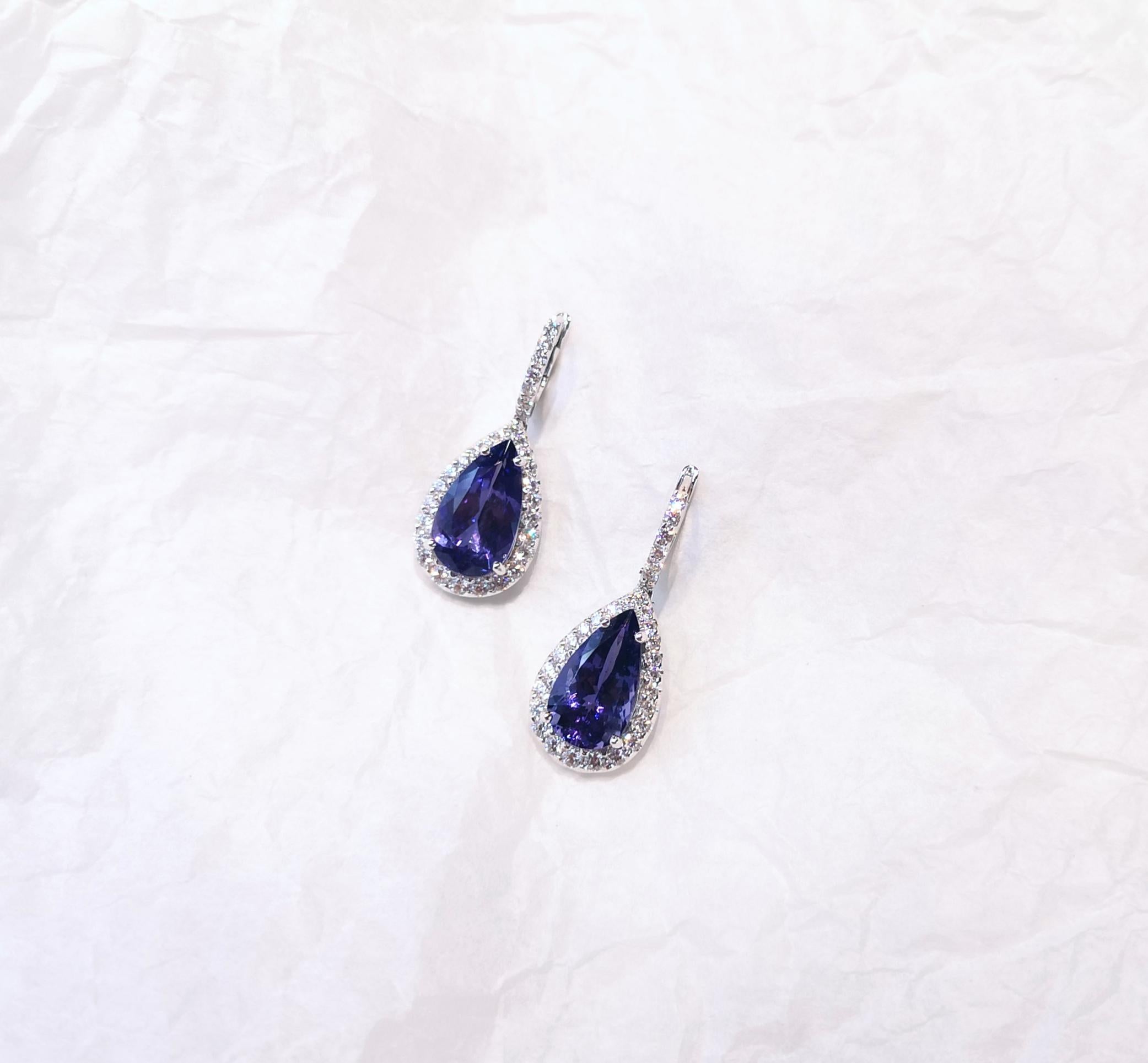 Pear Cut Tanzanite with Diamond Earrings set in 18K White Gold Settings For Sale