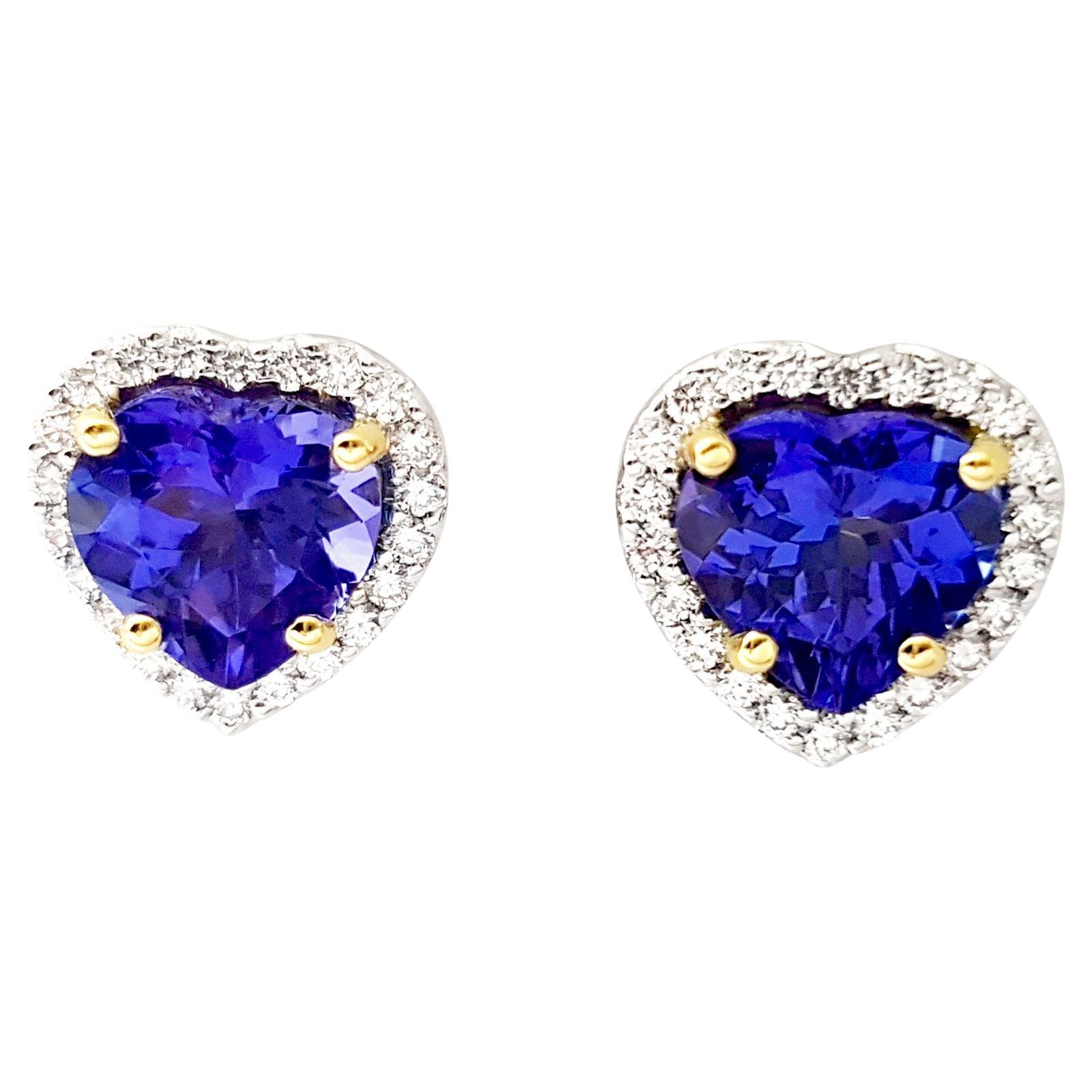 Boucles d'oreilles Tanzanite et diamant en forme de coeur montées sur or jaune/blanc 18K