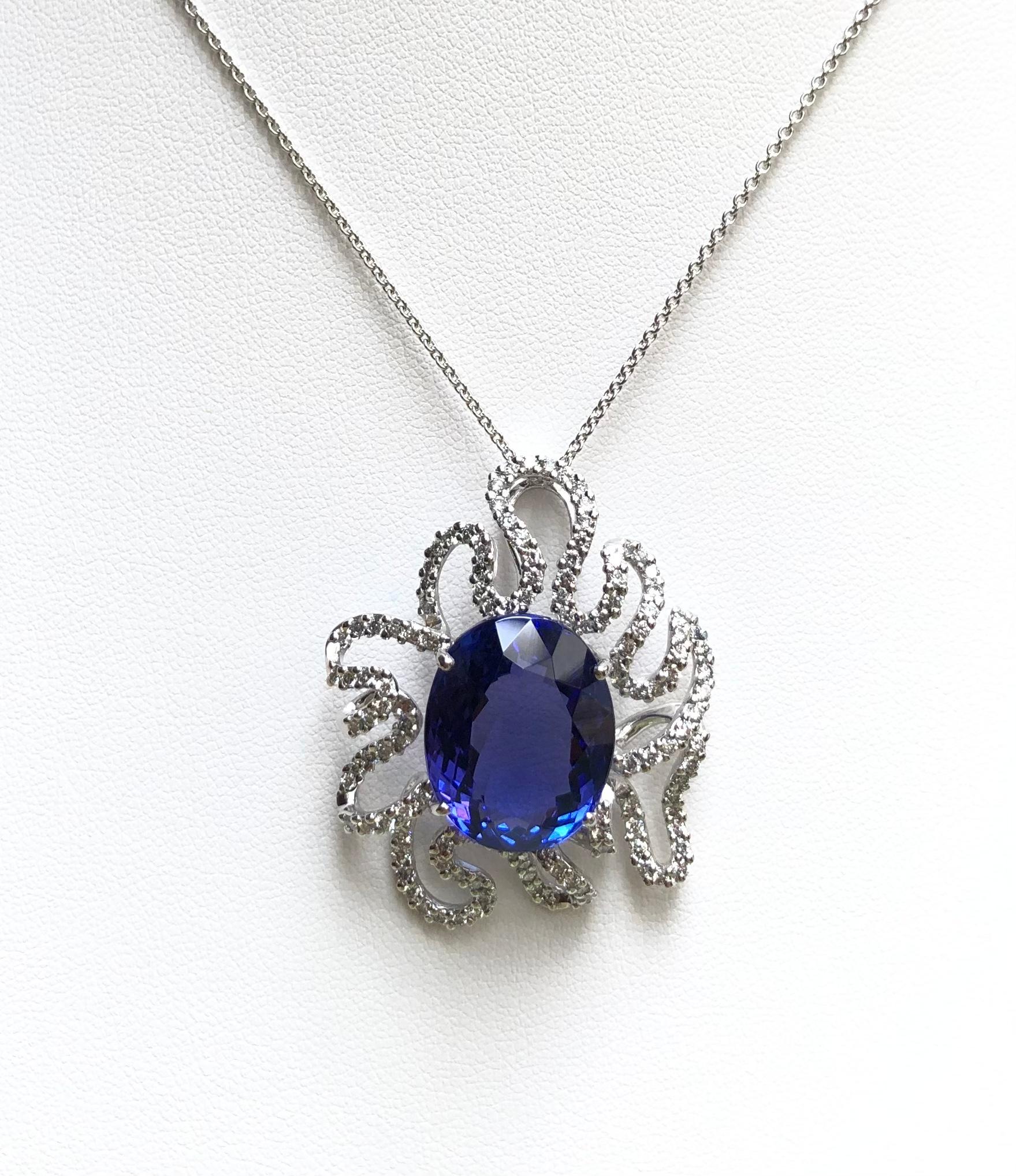 Tanzanite 21.75 carats with Diamond 1.73 carats Pendant set in 18 Karat White Gold Settings
(chain not included)

Width: 3.0 cm 
Length: 4.0 cm
Total Weight: 13.26 grams

