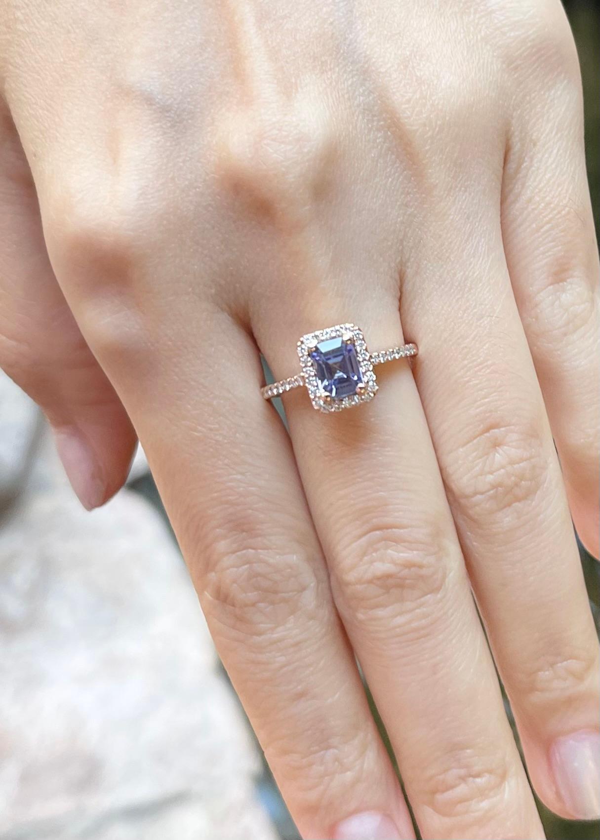 Emerald Cut Tanzanite with Diamond Ring set in 18K Rose Gold Settings For Sale