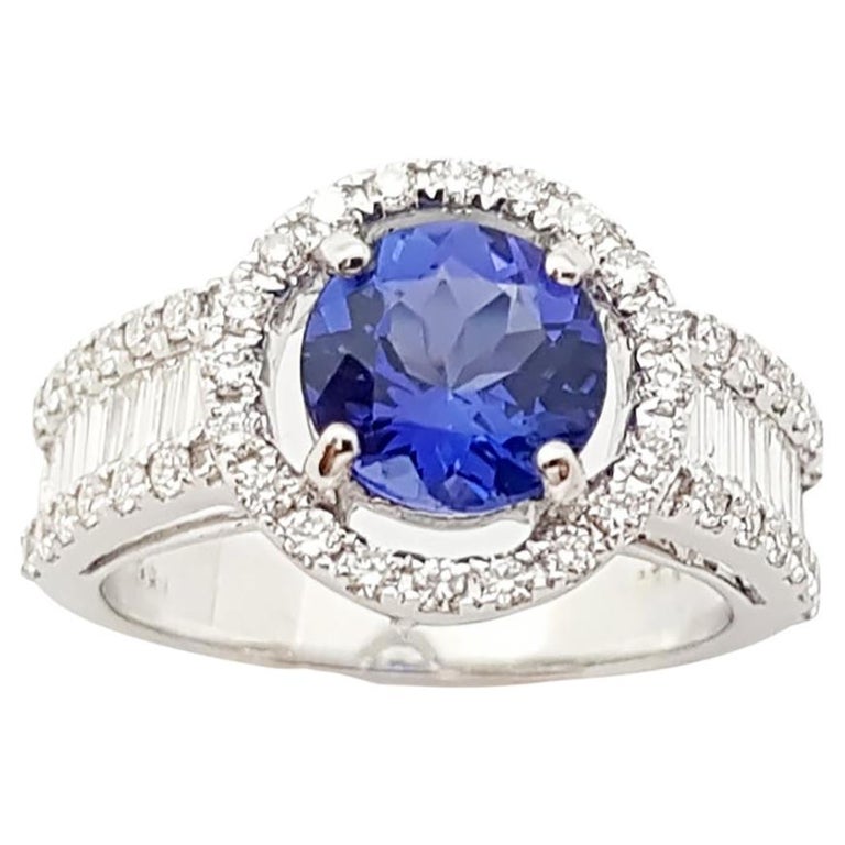 Tanzanite with Diamond Ring Set in 18K White Gold Setting For Sale at