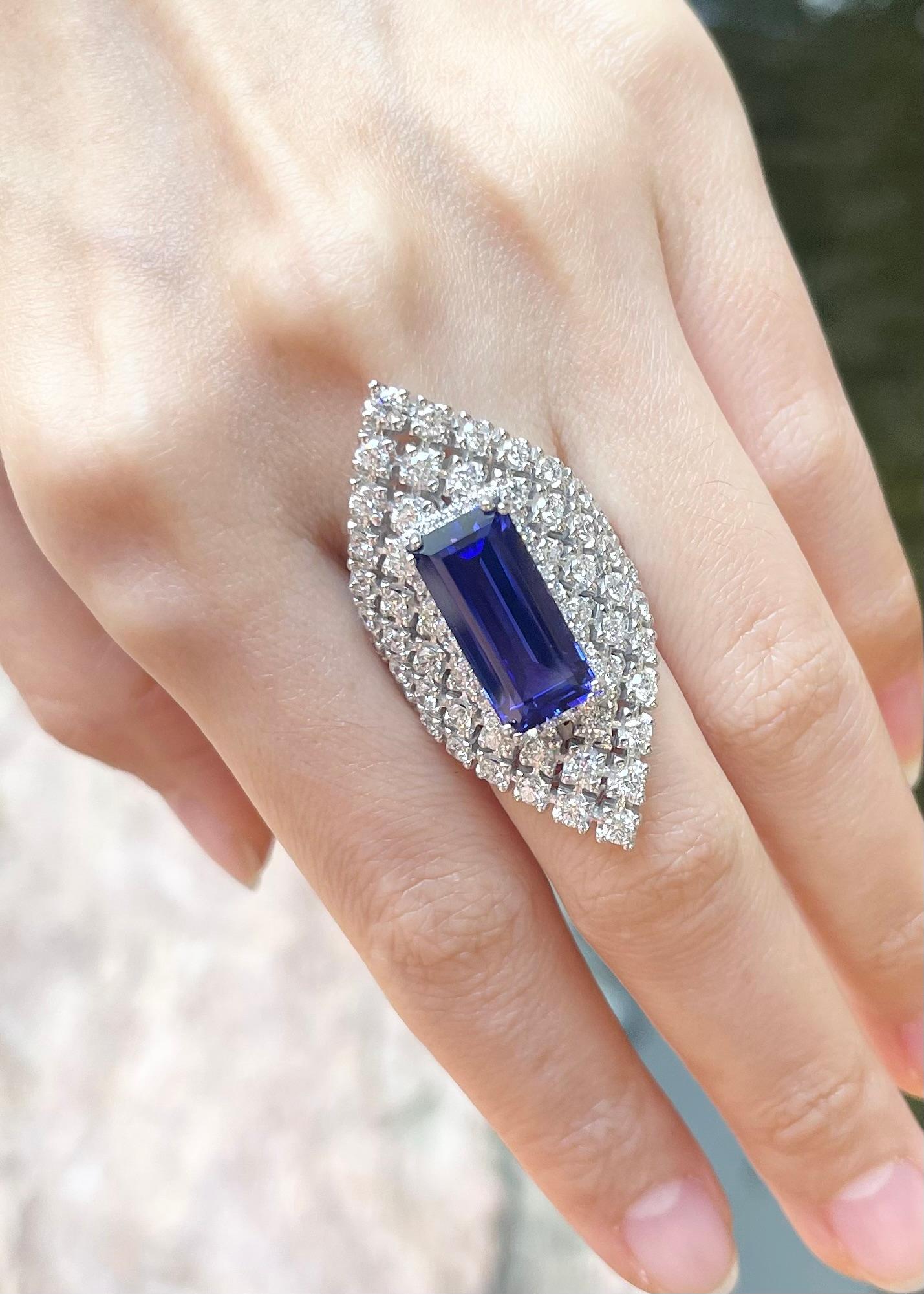 Emerald Cut Tanzanite with Diamond Ring set in 18K White Gold Settings For Sale