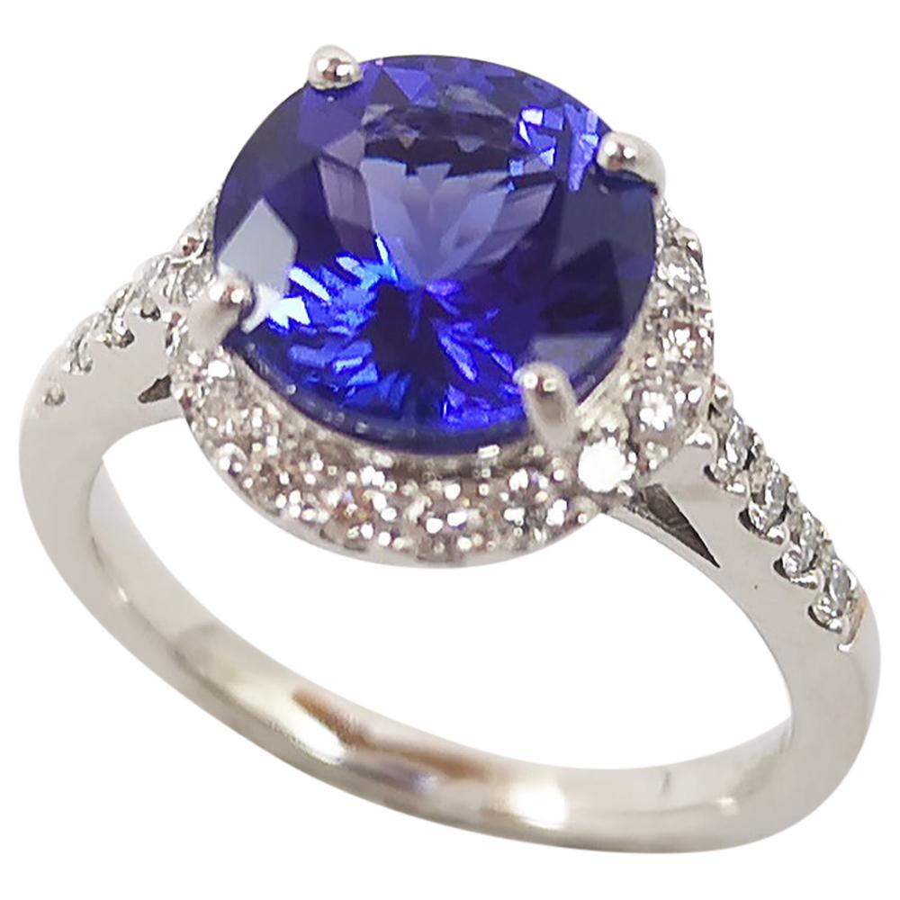 Round Cut Tanzanite with Diamond Ring Set in Platinum 950 Settings For Sale