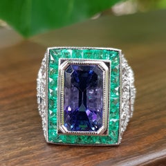 Certified Tanzanite Emerald Diamond Art Deco Style Rectangular Ring in 18K Gold