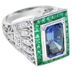 Certified Tanzanite Emerald Diamond Art Deco Style Rectangular Ring in 18K Gold 