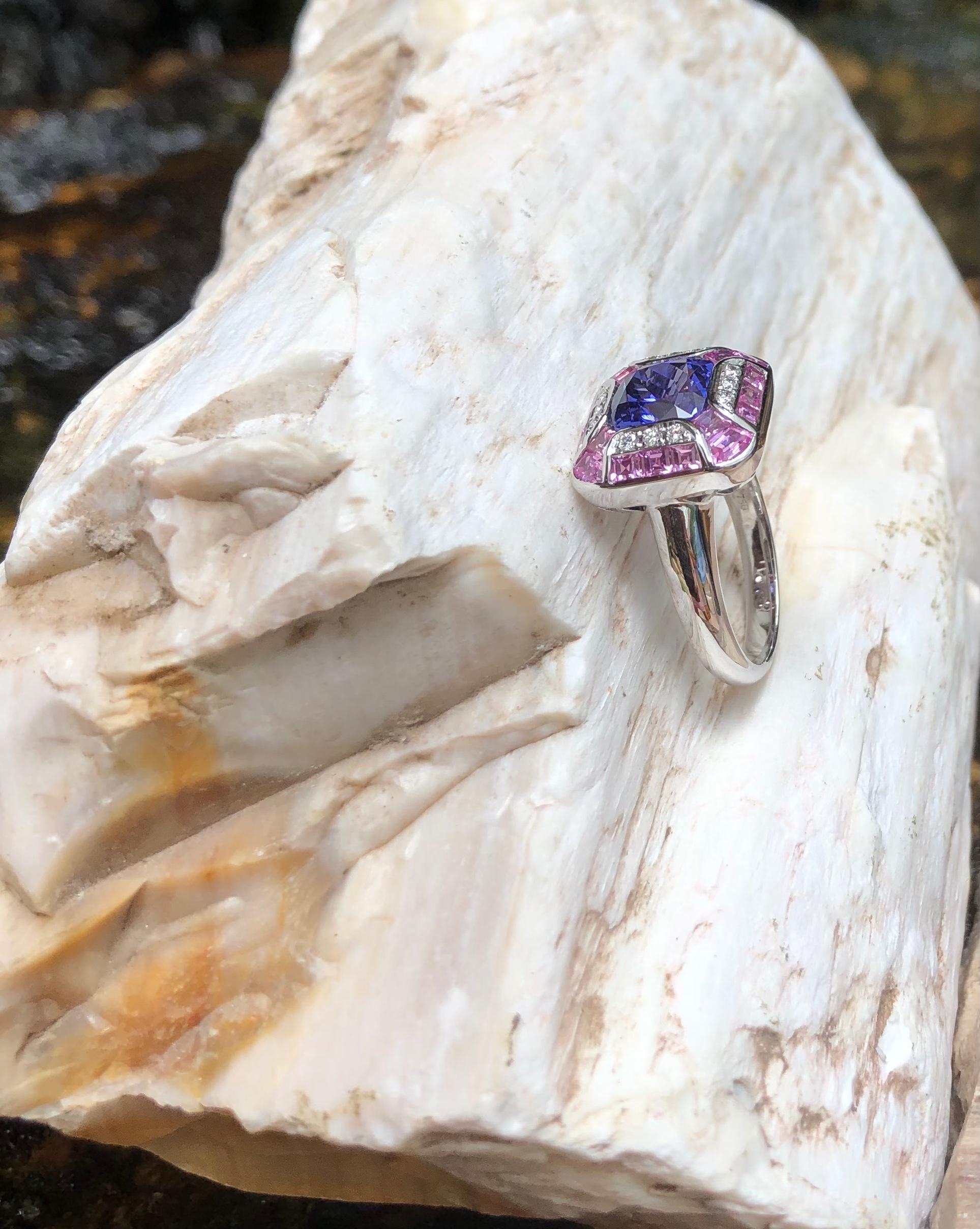 Tanzanite with Pink Sapphire and Diamond Ring Set in 18 Karat White Gold Setting For Sale 9