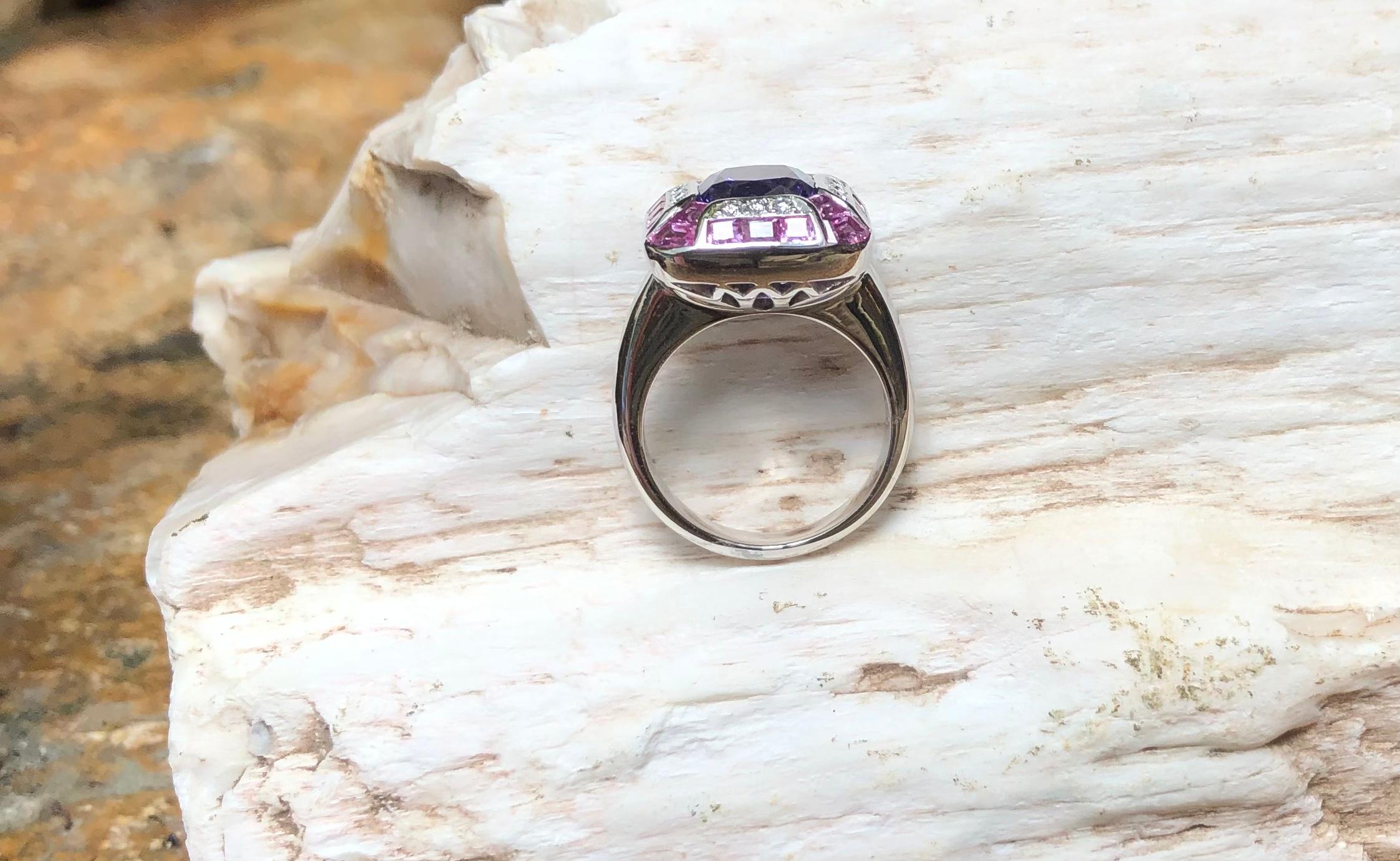 Tanzanite with Pink Sapphire and Diamond Ring Set in 18 Karat White Gold Setting For Sale 12