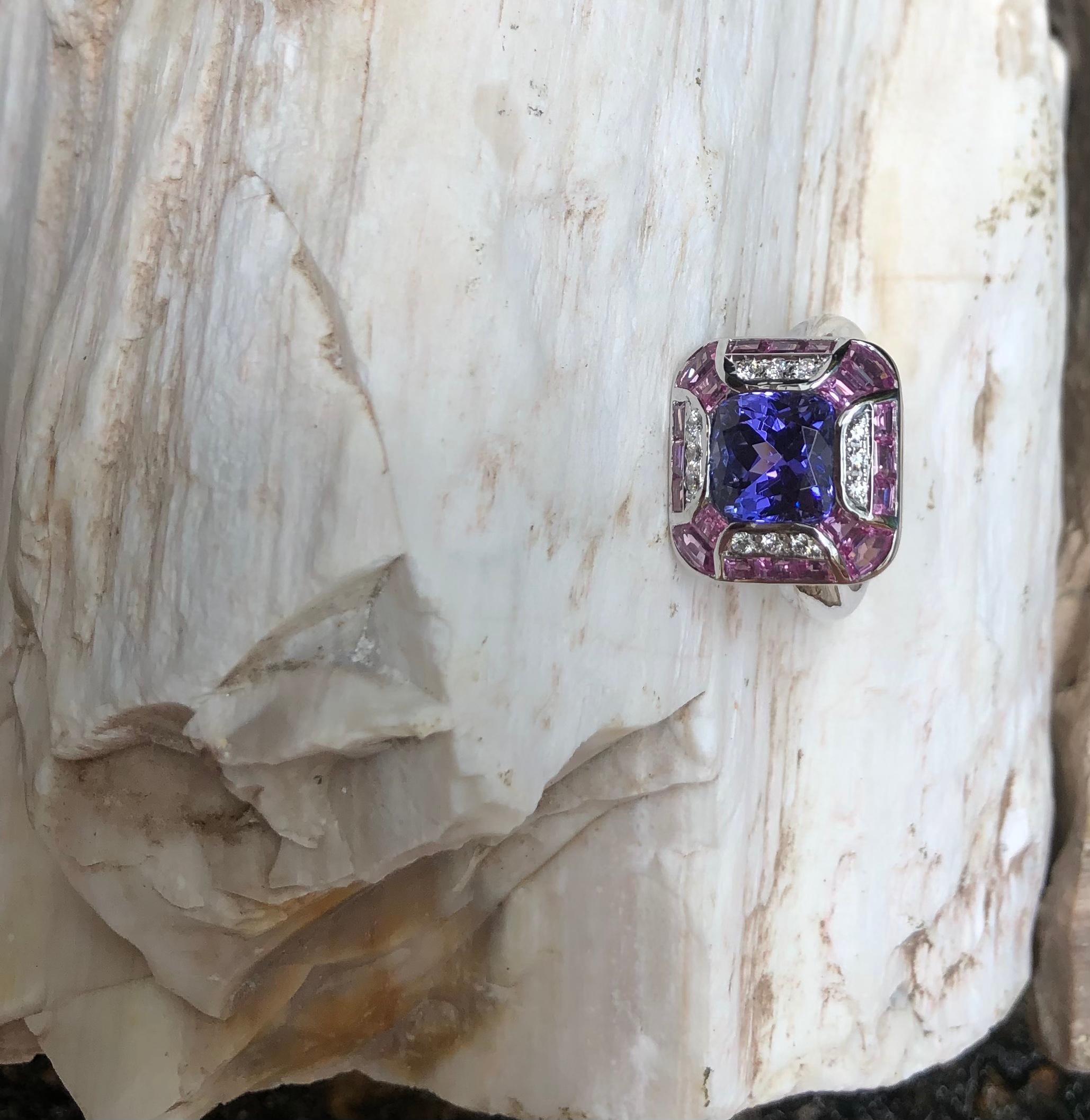 Tanzanite with Pink Sapphire and Diamond Ring Set in 18 Karat White Gold Setting For Sale 13