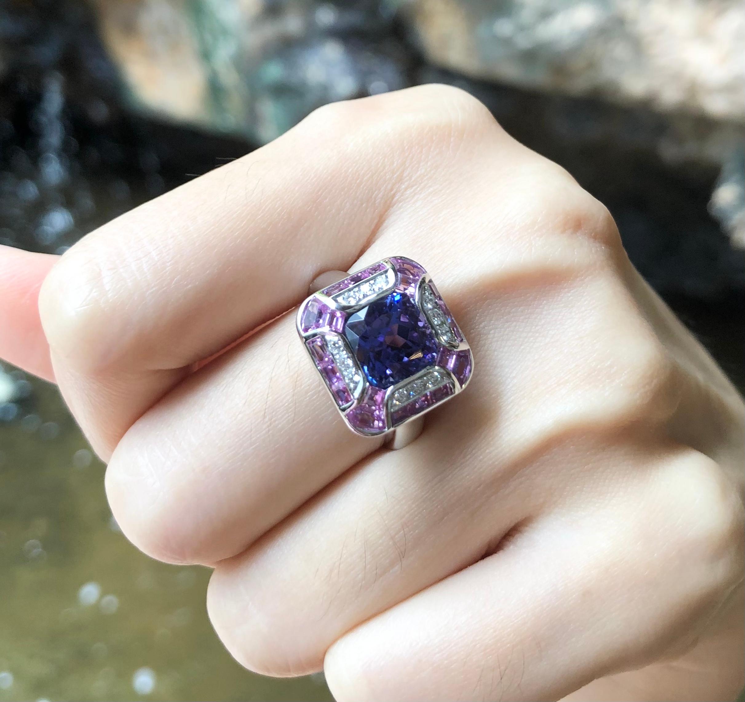 Women's or Men's Tanzanite with Pink Sapphire and Diamond Ring Set in 18 Karat White Gold Setting For Sale
