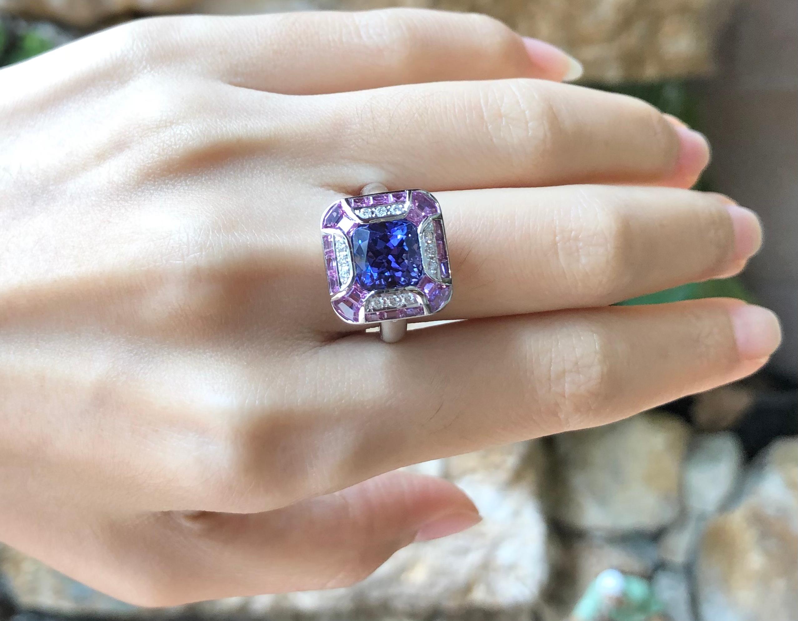 Tanzanite with Pink Sapphire and Diamond Ring Set in 18 Karat White Gold Setting For Sale 1