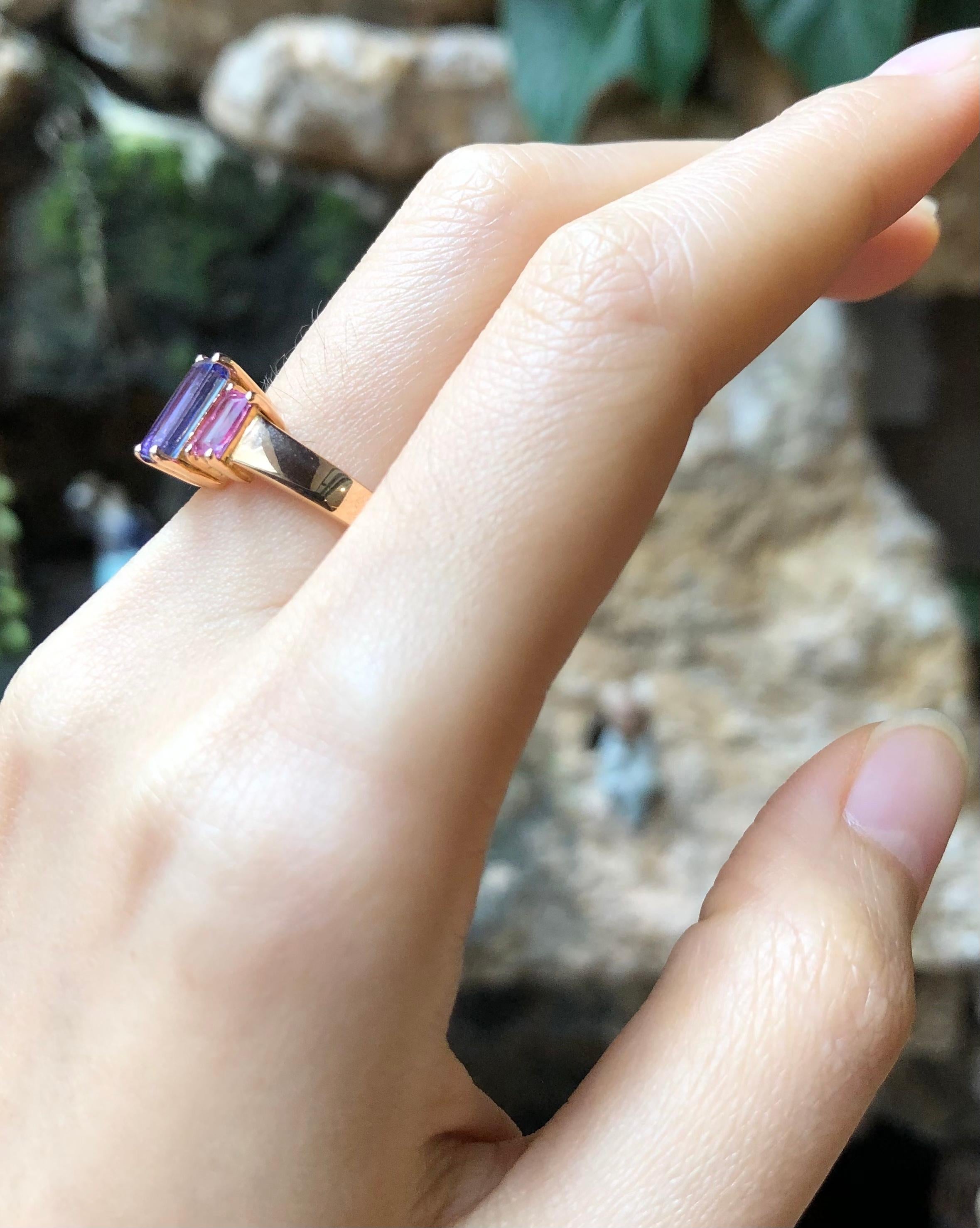 Emerald Cut Tanzanite with Pink Sapphire Ring Set in 18 Karat Rose Gold Settings For Sale