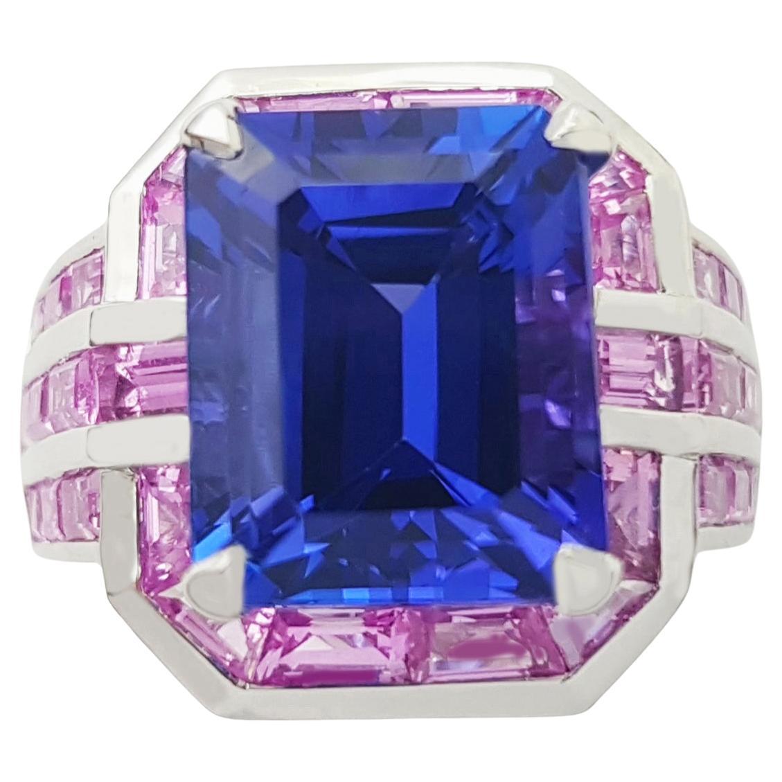 Tansanit mit rosa Saphir Ring in 18K Weißgold Fassung im Angebot