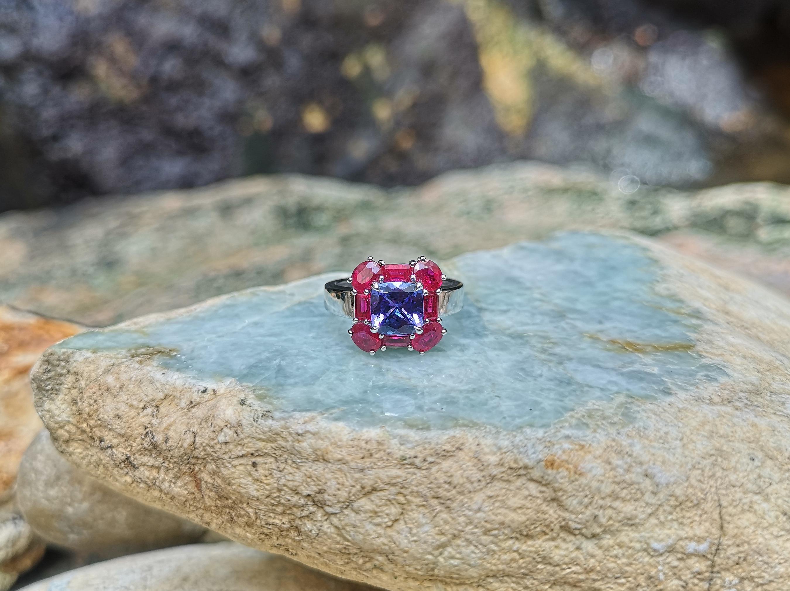 Women's Tanzanite with Ruby Ring Set in 18 Karat White Gold Settings For Sale