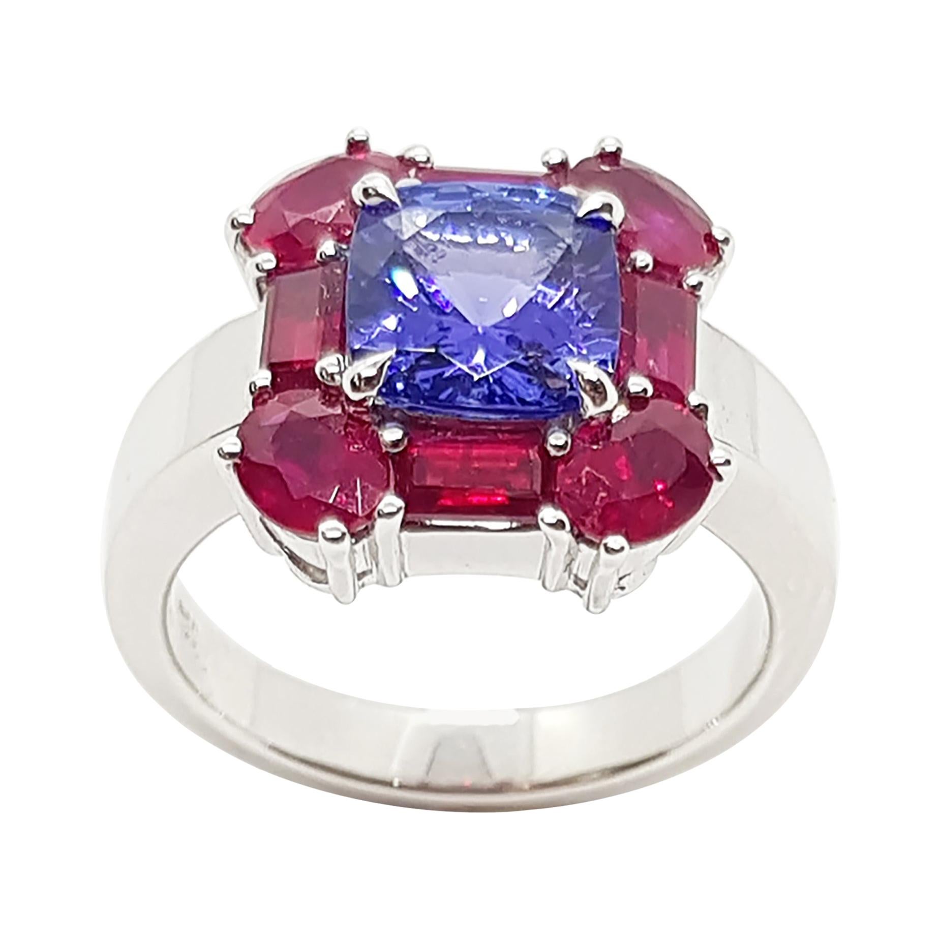 Tanzanite with Ruby Ring Set in 18 Karat White Gold Settings For Sale