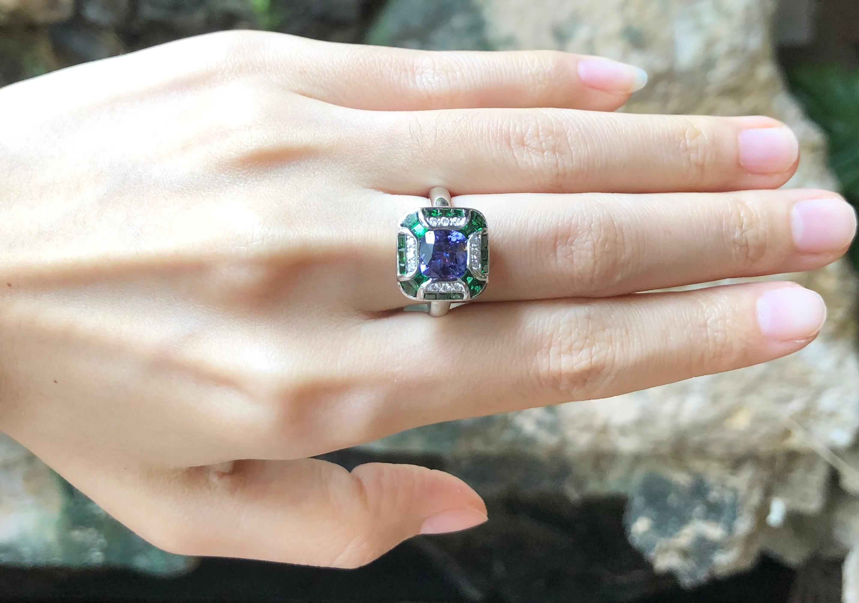 Tanzanite with Tsavorite and Diamond Ring Set in 18 Karat White Gold Settings For Sale 1