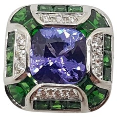 Tanzanite with Tsavorite and Diamond Ring Set in 18 Karat White Gold Settings