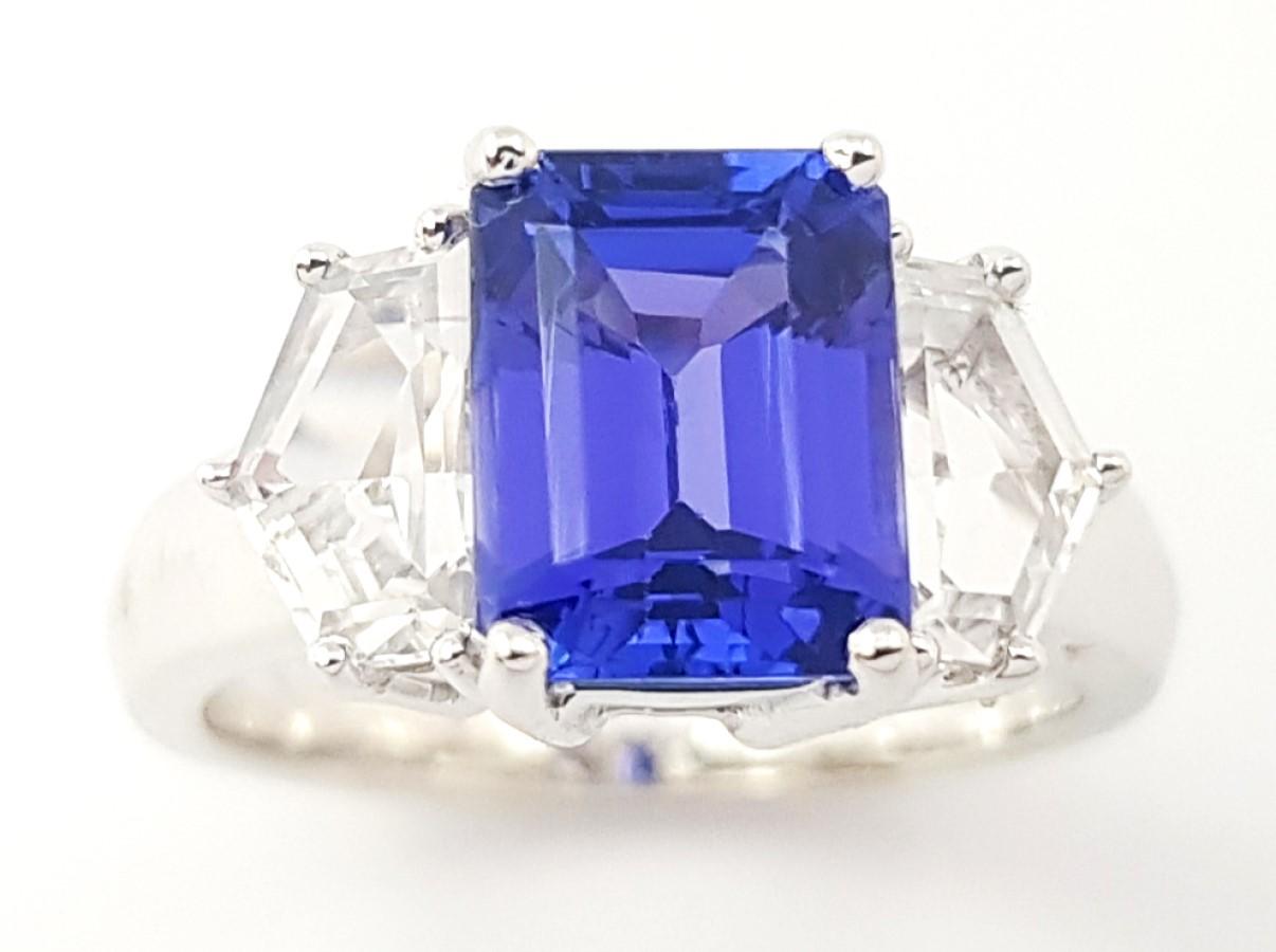 Tanzanite with White Sapphire Ring set in 18K White Gold Settings For Sale 6