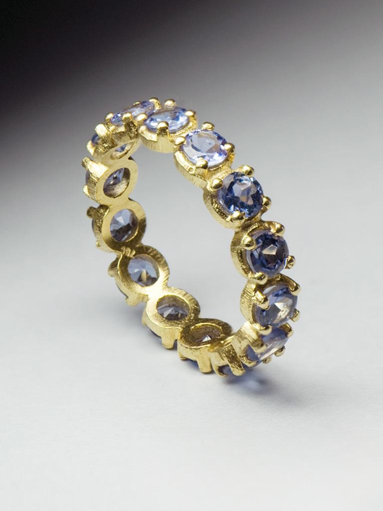 Tanzanite Yellow Gold Eternity Ring Purple Blue Classic Round Cut Natural Stones For Sale 1