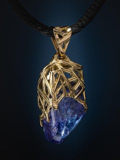 Tanzanite Yellow Gold Pendant Deep Blue Natural Tanzanian Raw Crystal Gem Unisex