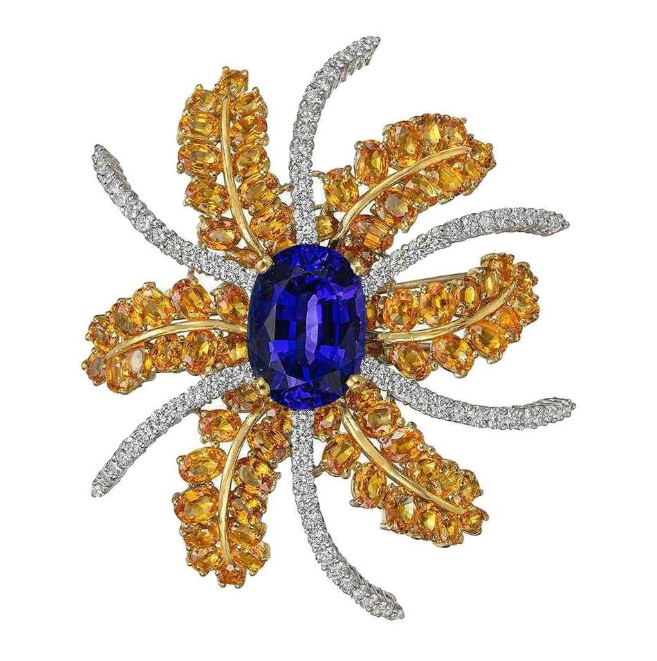 Tanzanite Yellow Sapphire Diamond Gold Fireworks Brooch