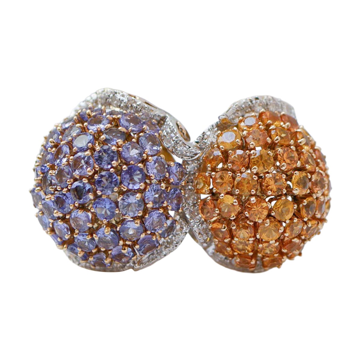 Tanzanite, Yellow Sapphires, Diamonds, 14 Karat Rose Gold and White Gold Ring. For Sale