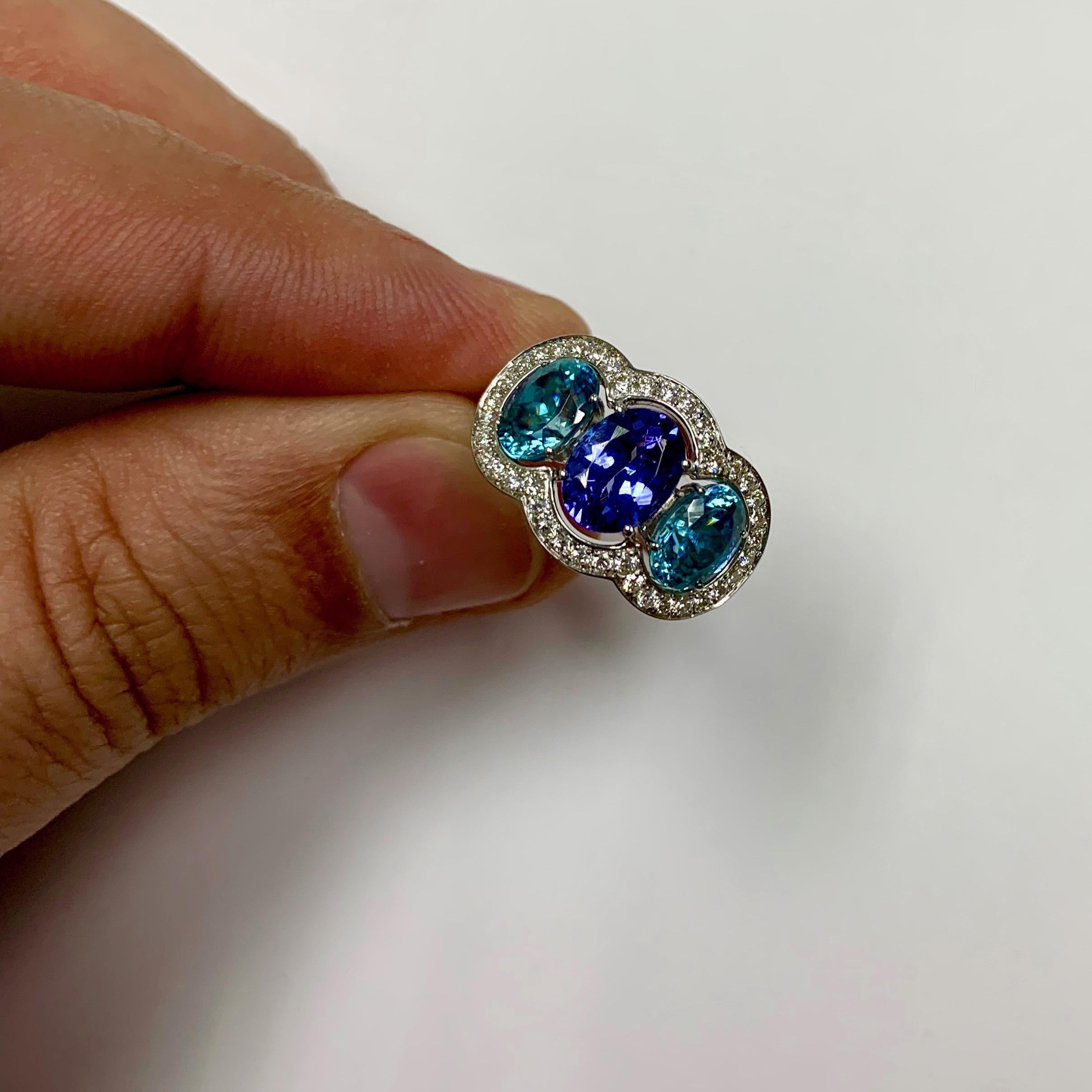 Oval Cut Tanzanite Zircon Diamond 18 Karat White Gold Ring For Sale