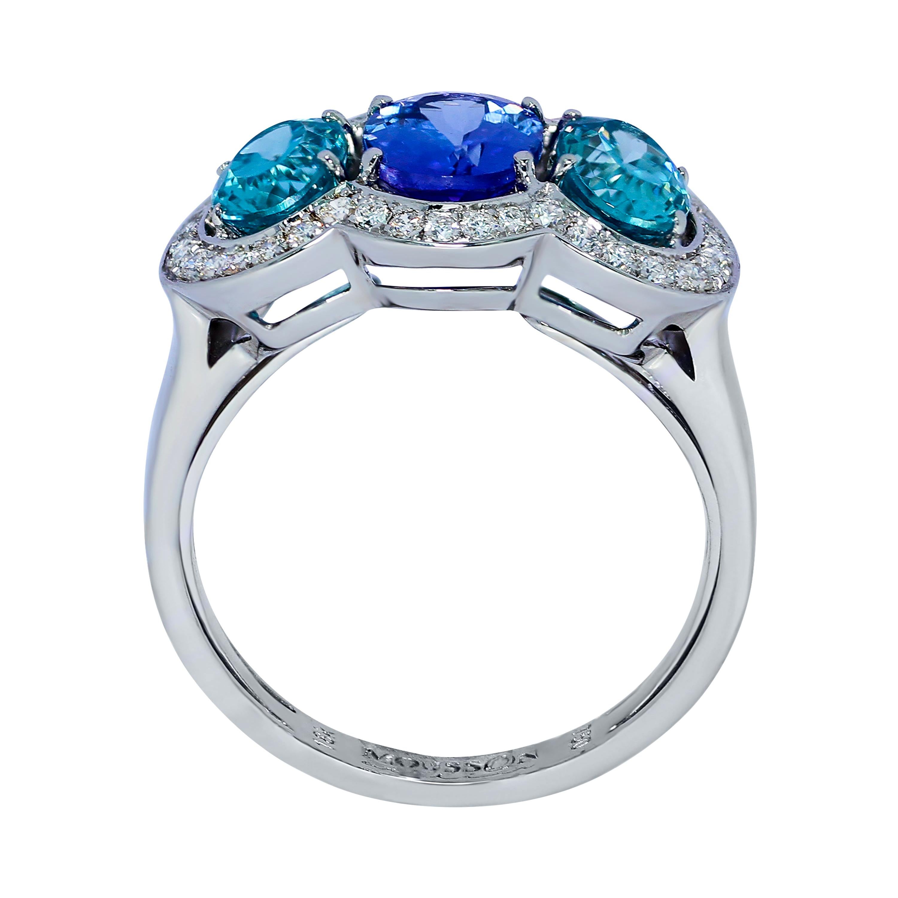 Bague en or blanc 18 carats avec tanzanite, zircon et diamants