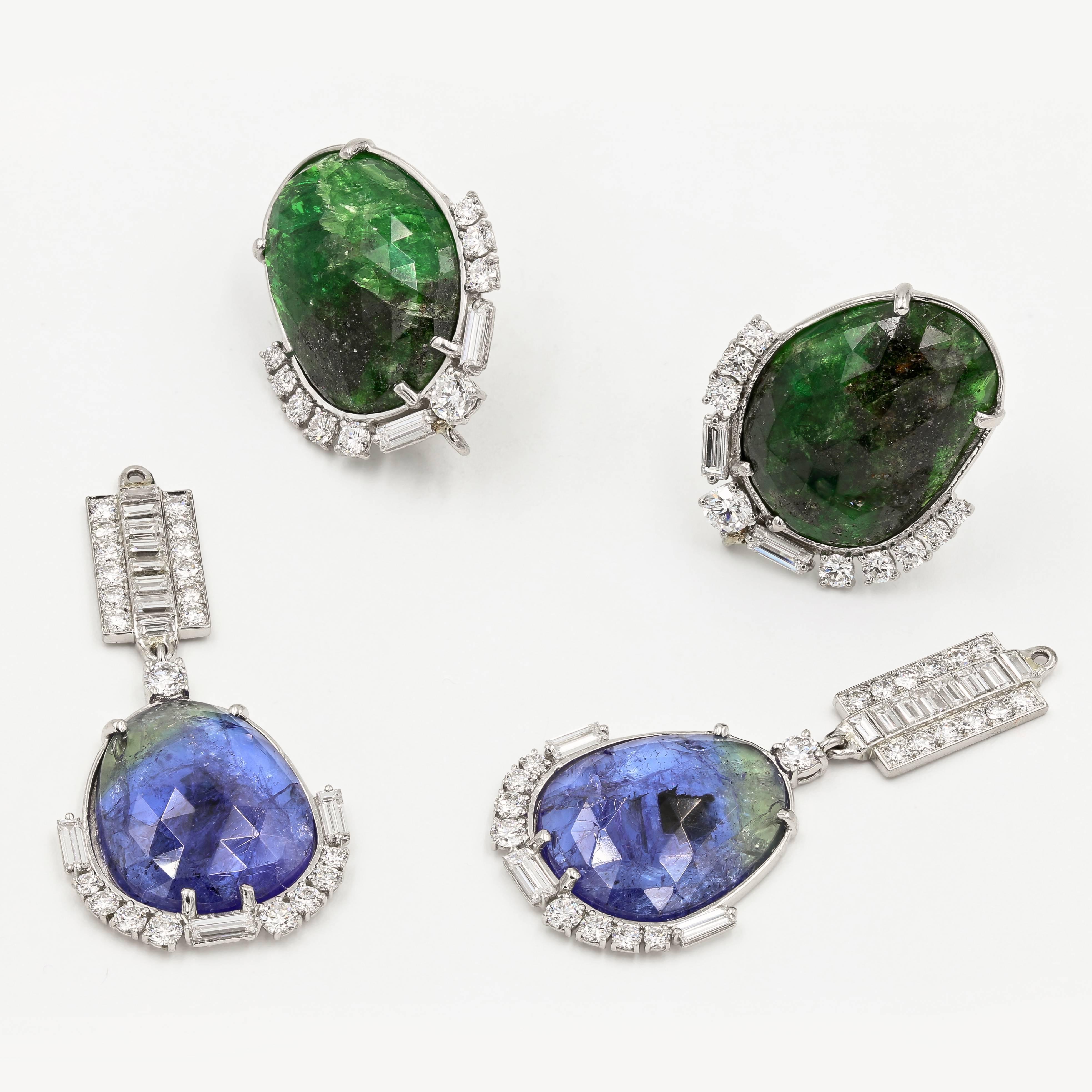 Contemporary Tanzanite, Tsavorite, & Diamond Earrings With Removable Section